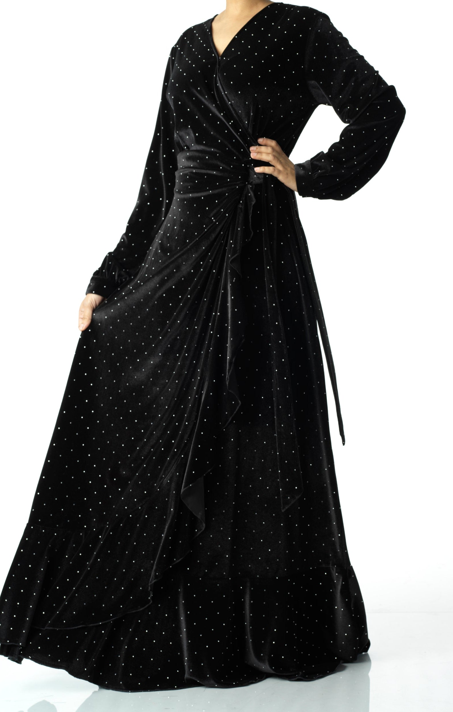 Black wrapped velvet modest maxi dress Kabayare