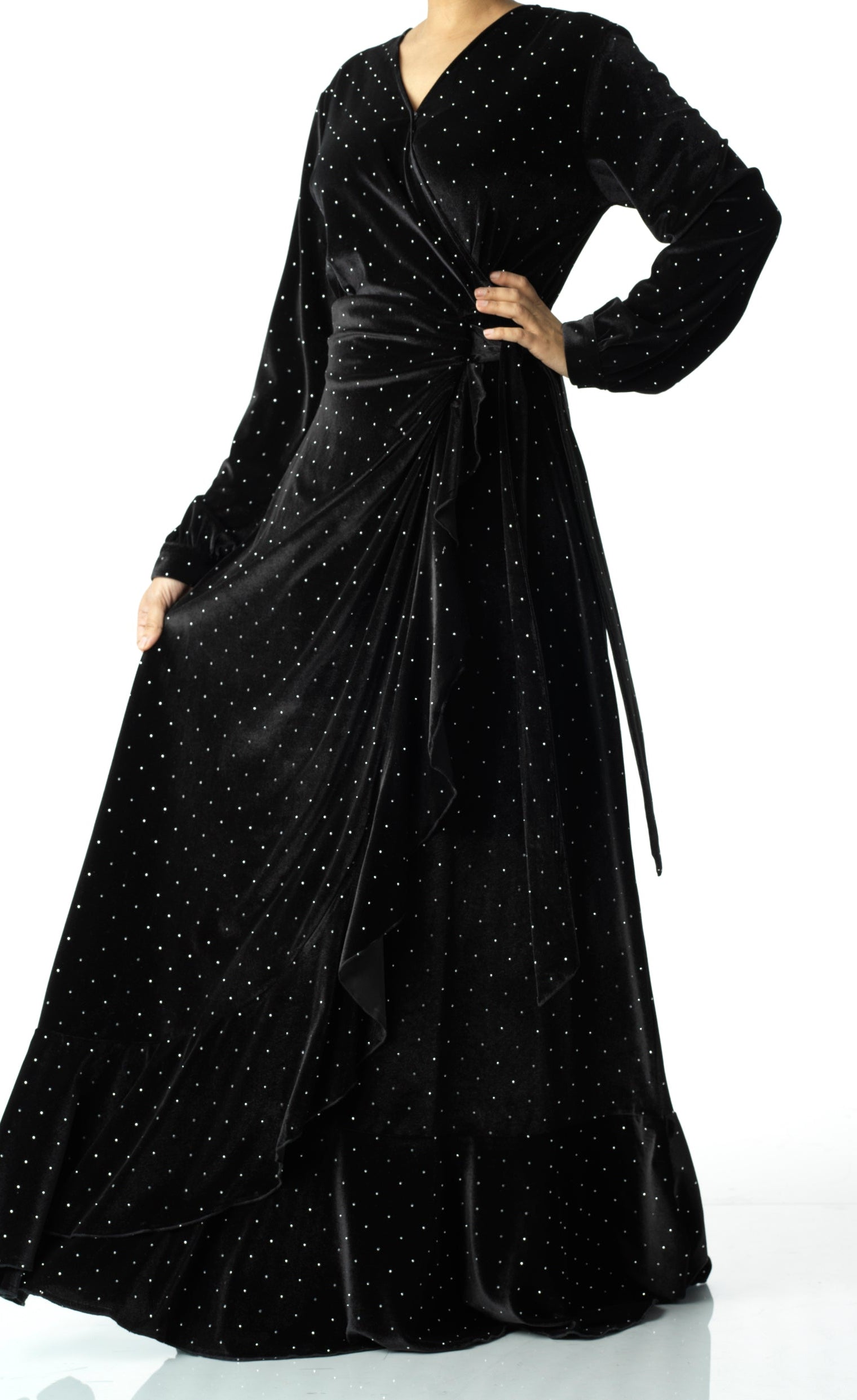 Black wrapped velvet modest maxi dress Kabayare