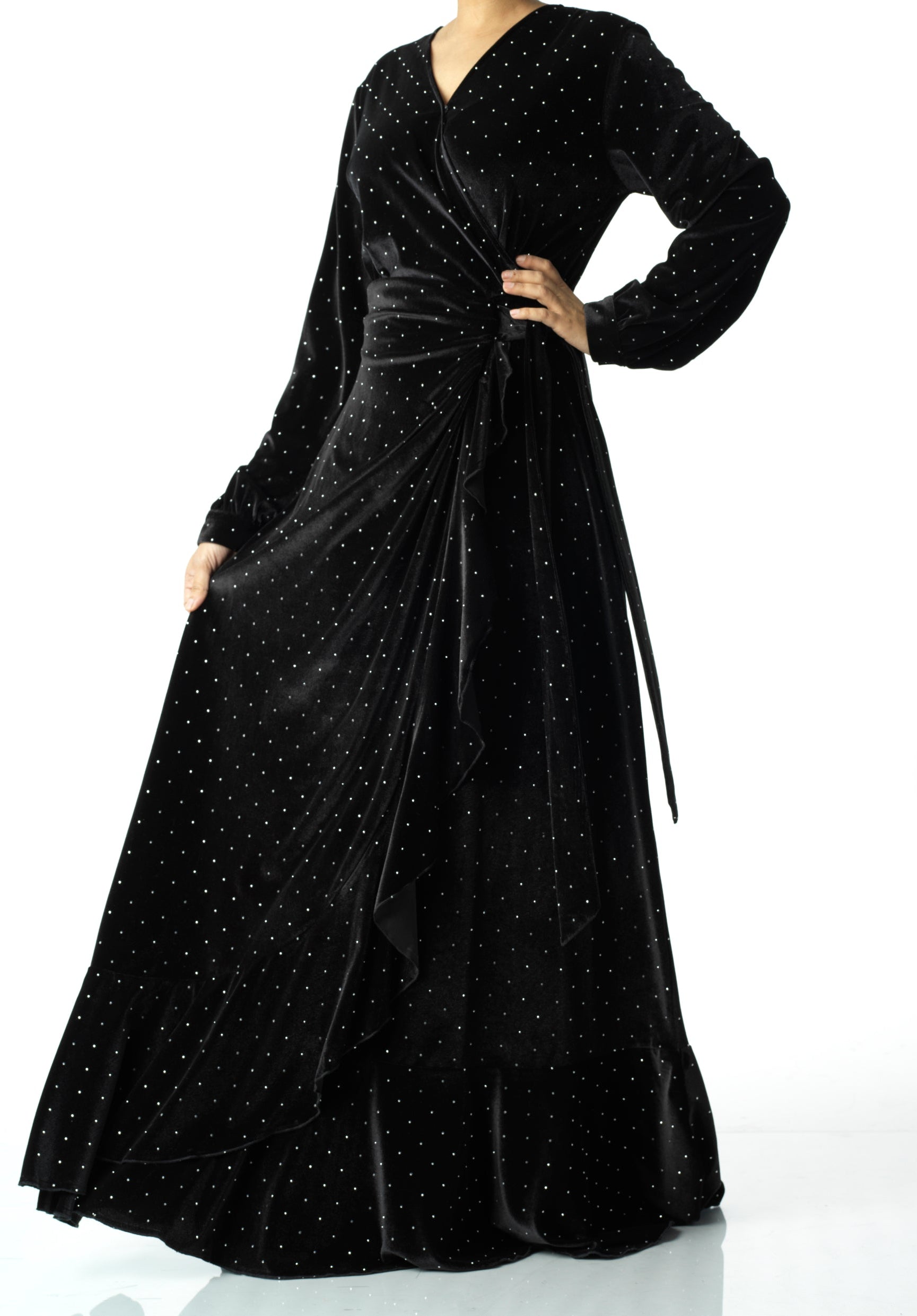 Black wrapped velvet modest maxi dress Kabayare