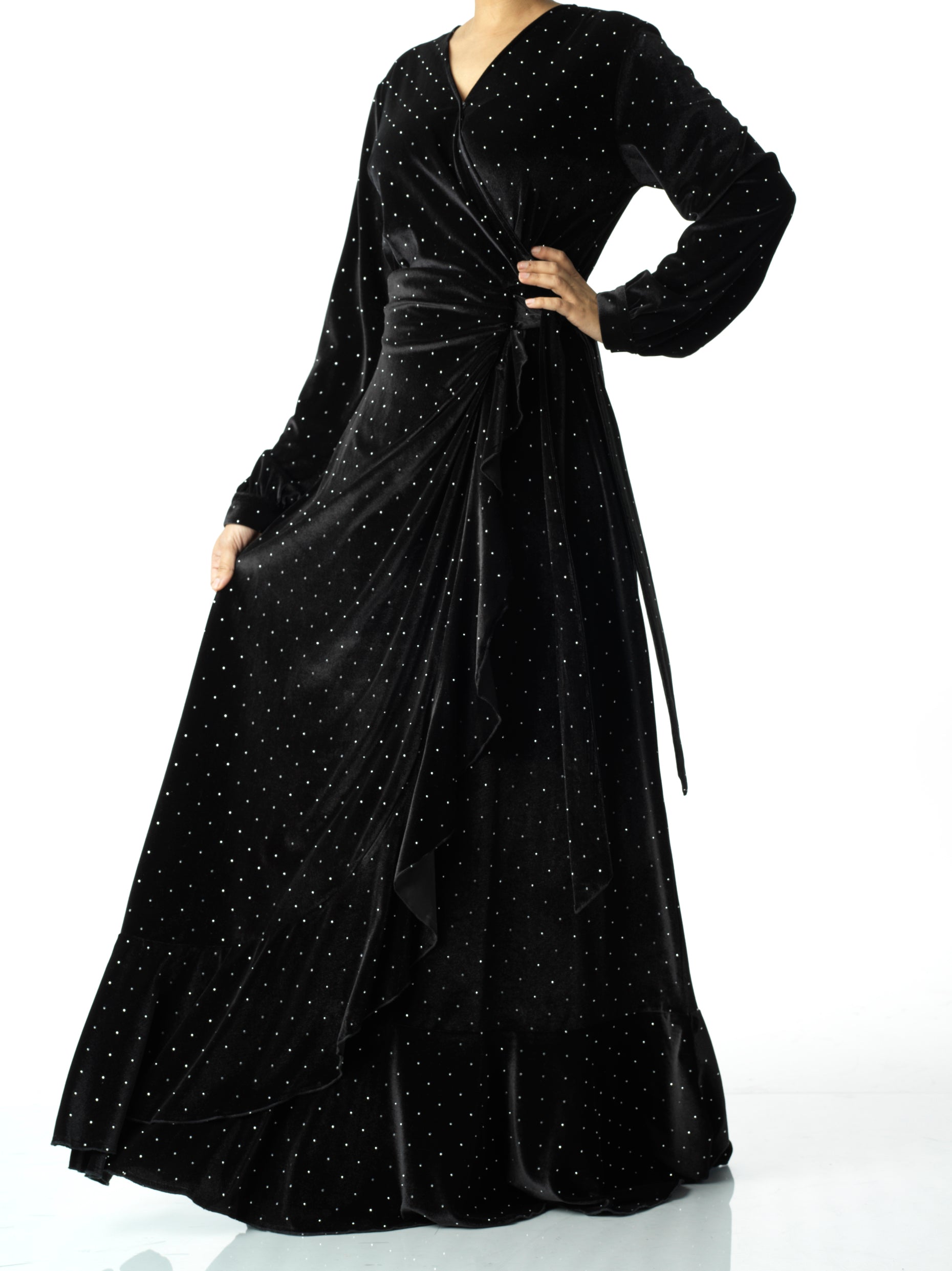 Black wrapped velvet modest maxi dress Kabayare