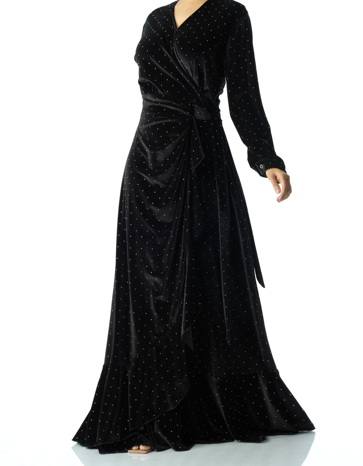 Black wrapped velvet modest maxi dress Kabayare