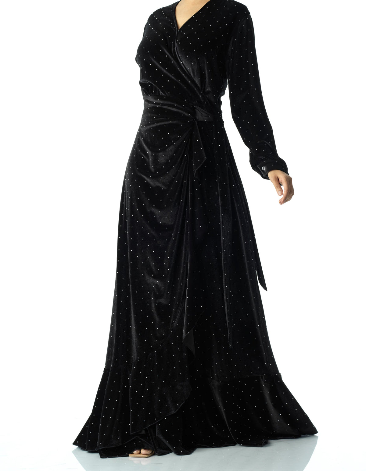 Black wrapped velvet modest maxi dress Kabayare