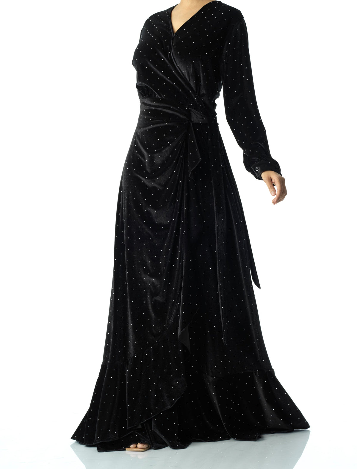 Black wrapped velvet modest maxi dress Kabayare