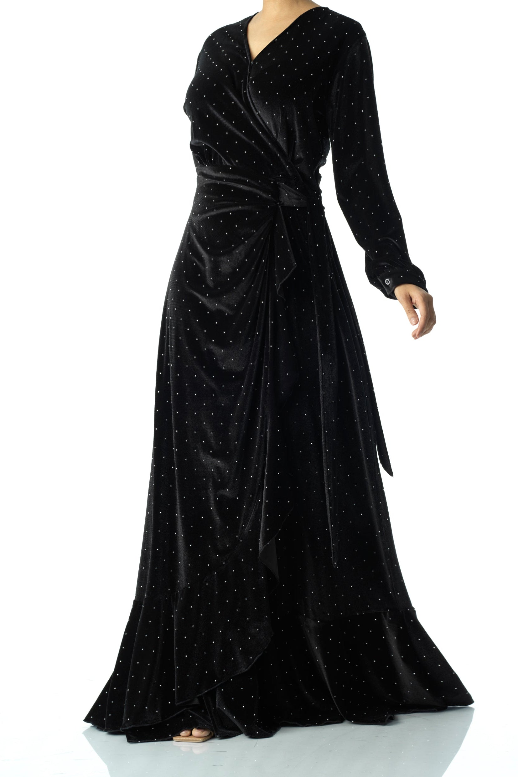 Black wrapped velvet modest maxi dress Kabayare