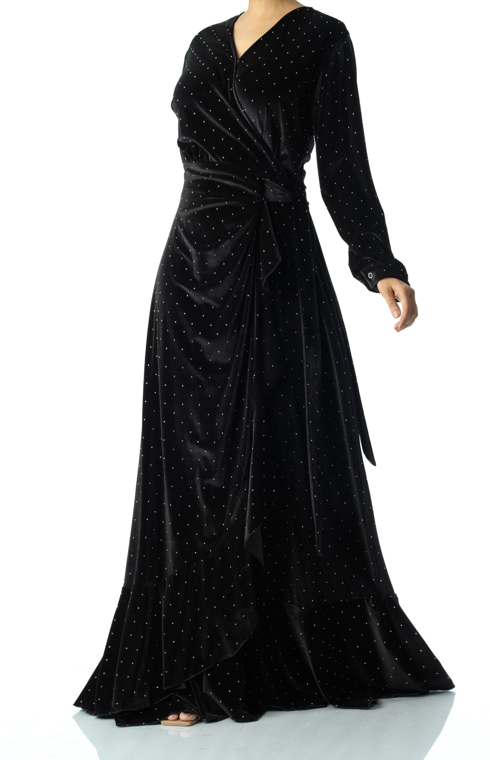 Black wrapped velvet modest maxi dress Kabayare
