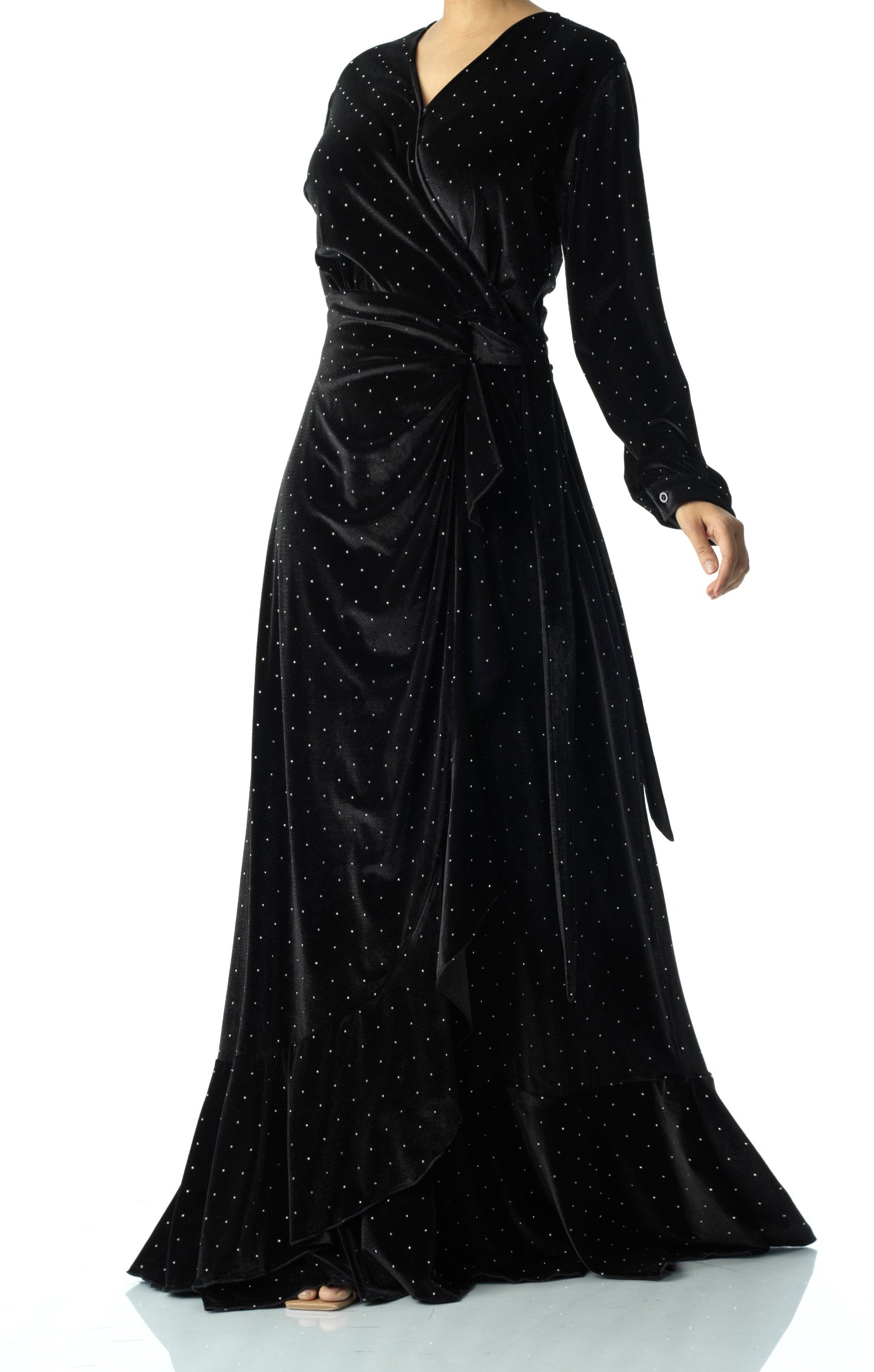 Black wrapped velvet modest maxi dress Kabayare