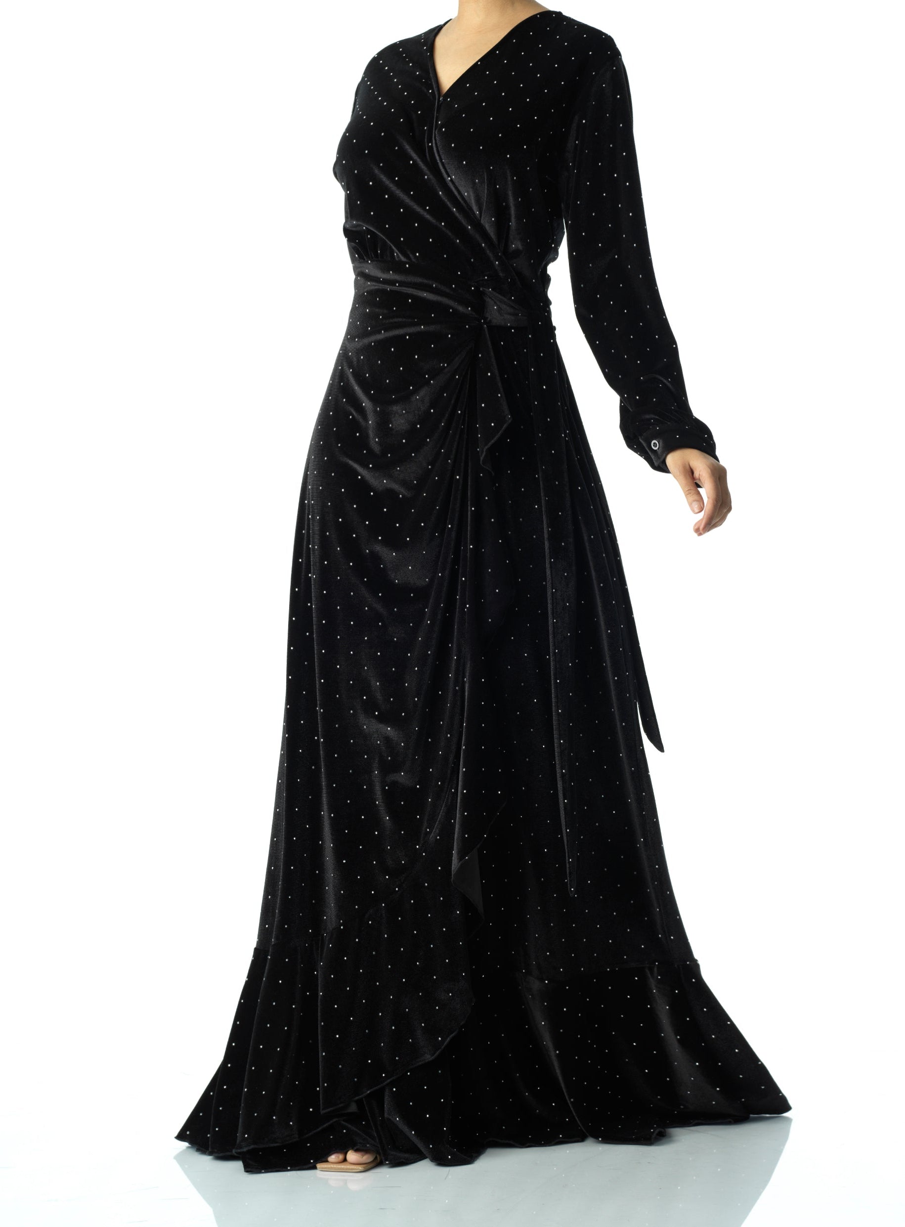 Black wrapped velvet modest maxi dress Kabayare