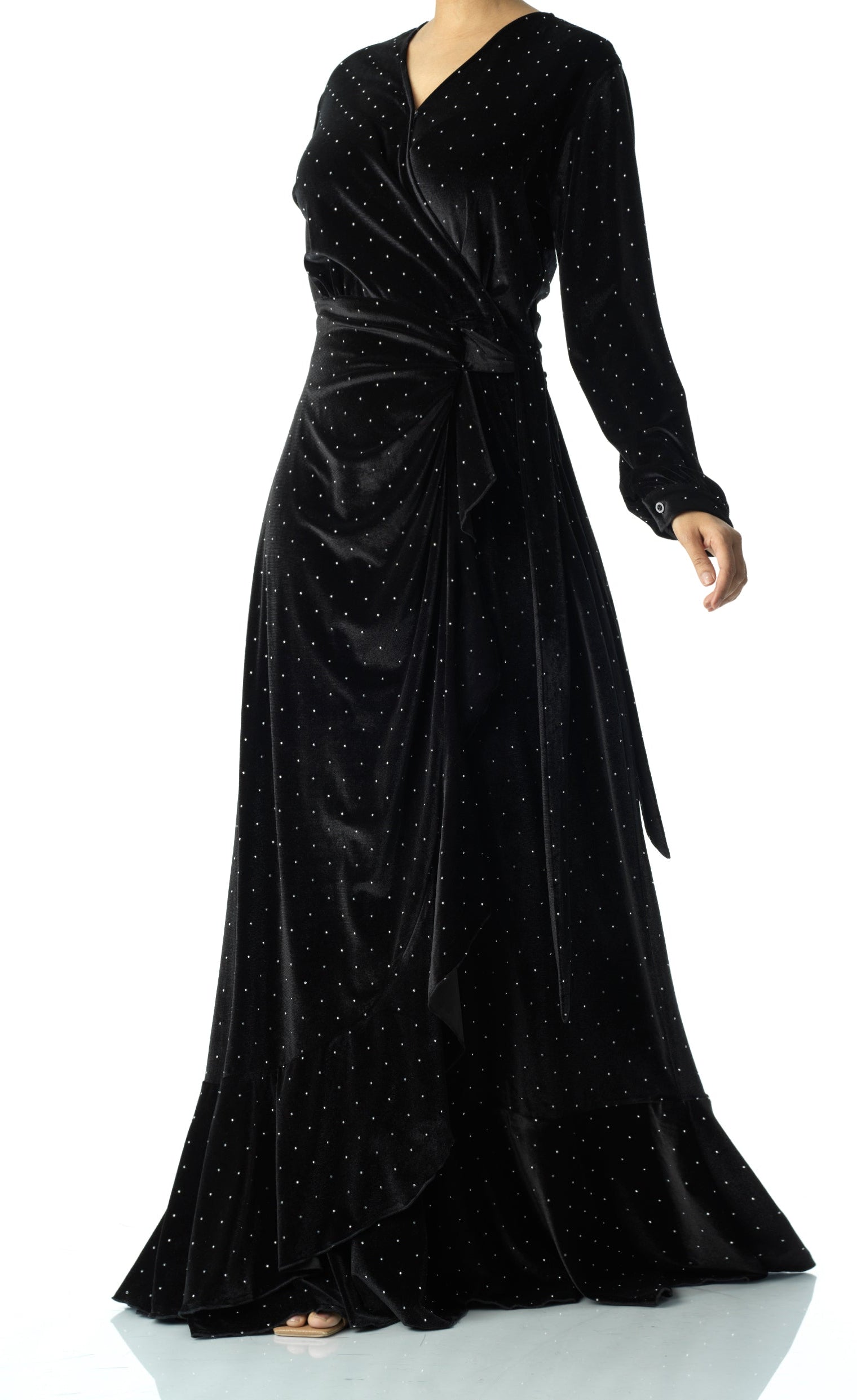 Black wrapped velvet modest maxi dress Kabayare