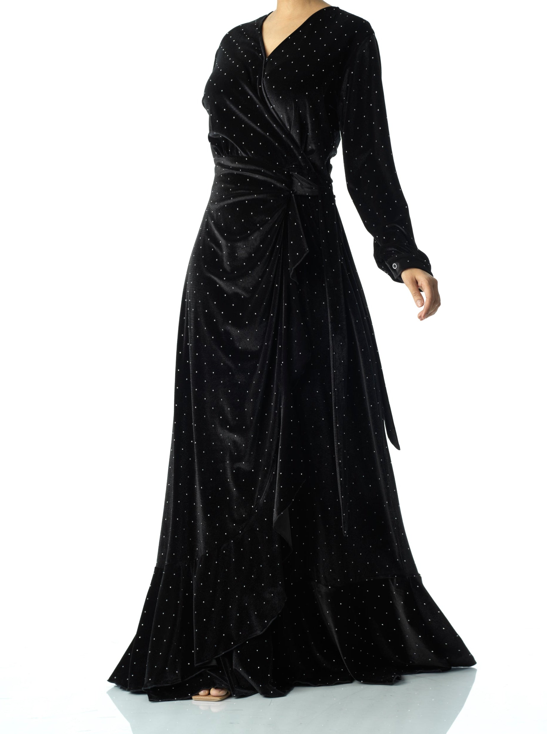 Black wrapped velvet modest maxi dress Kabayare