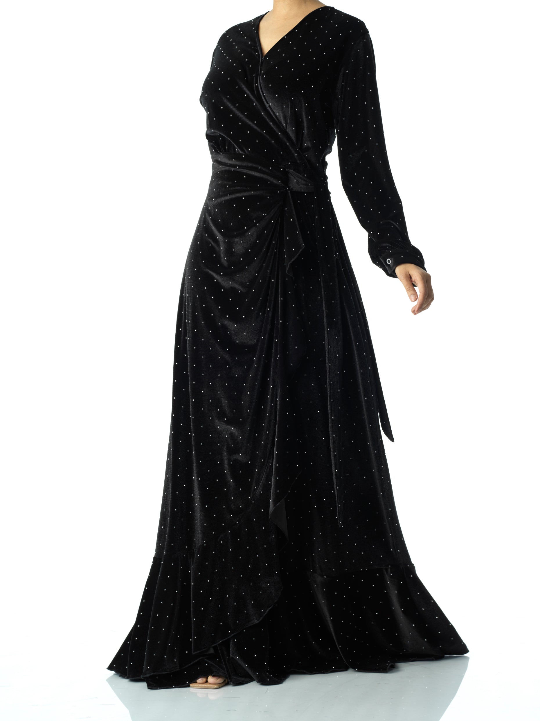 Black wrapped velvet modest maxi dress Kabayare