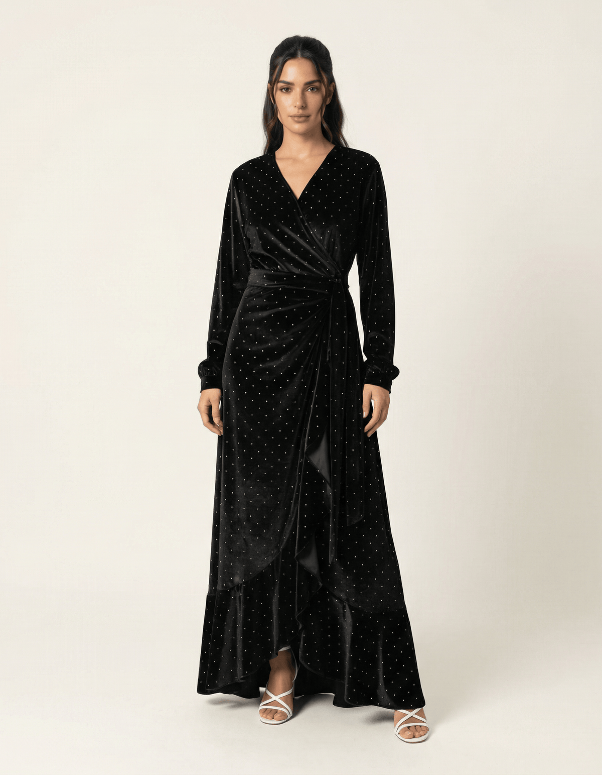 Black wrapped velvet modest maxi dress Kabayare