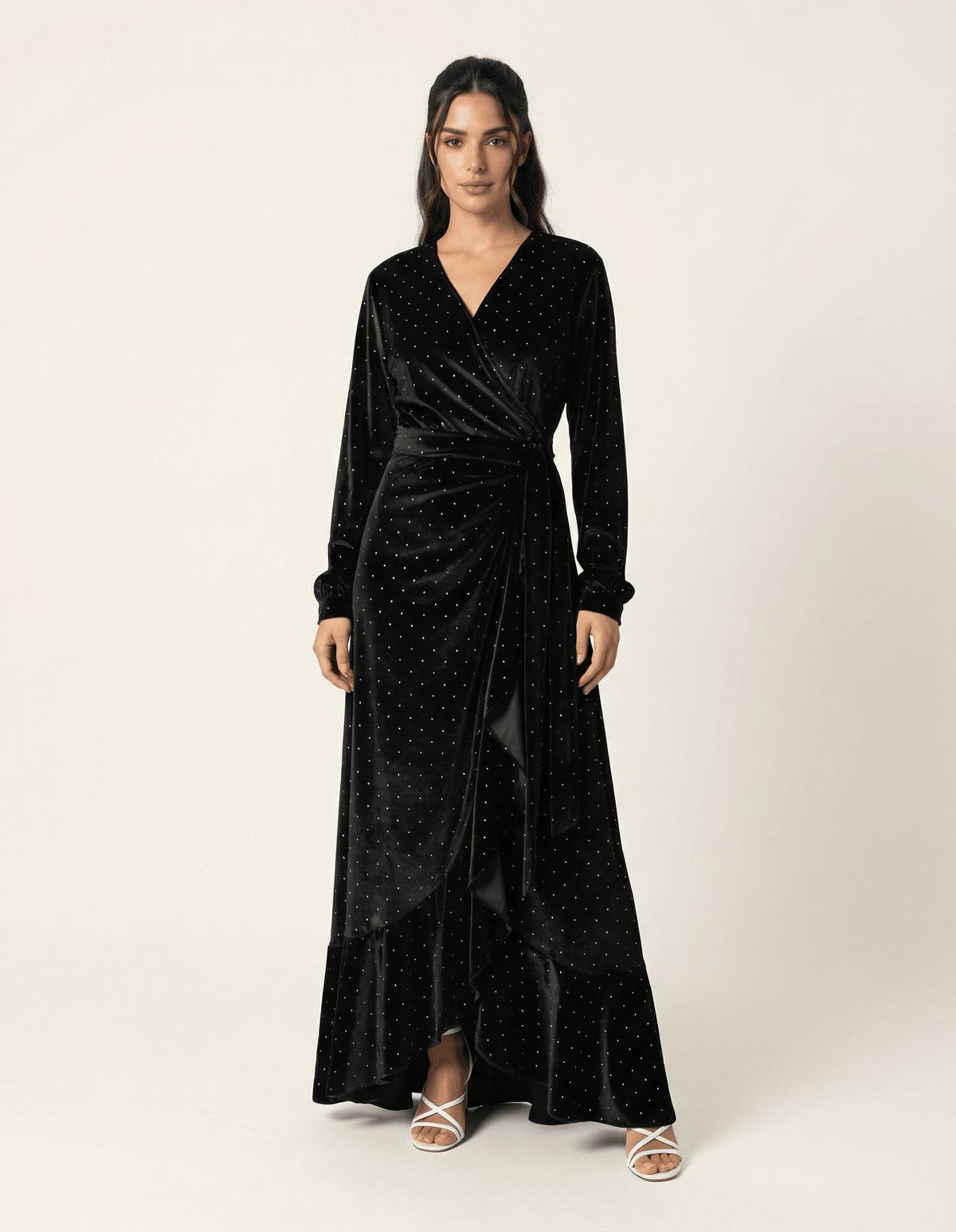 Black wrapped velvet modest maxi dress Kabayare