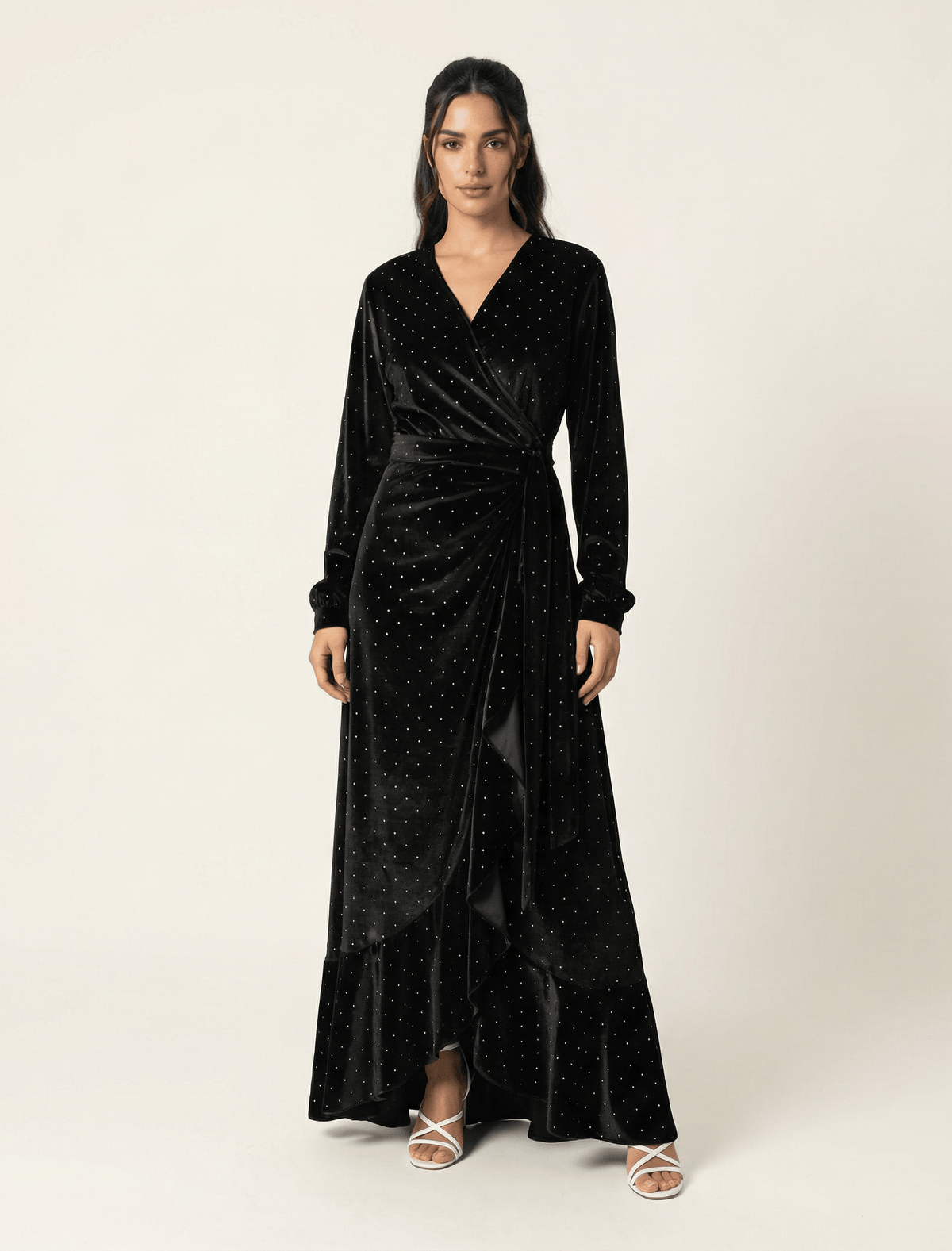 Black wrapped velvet modest maxi dress Kabayare
