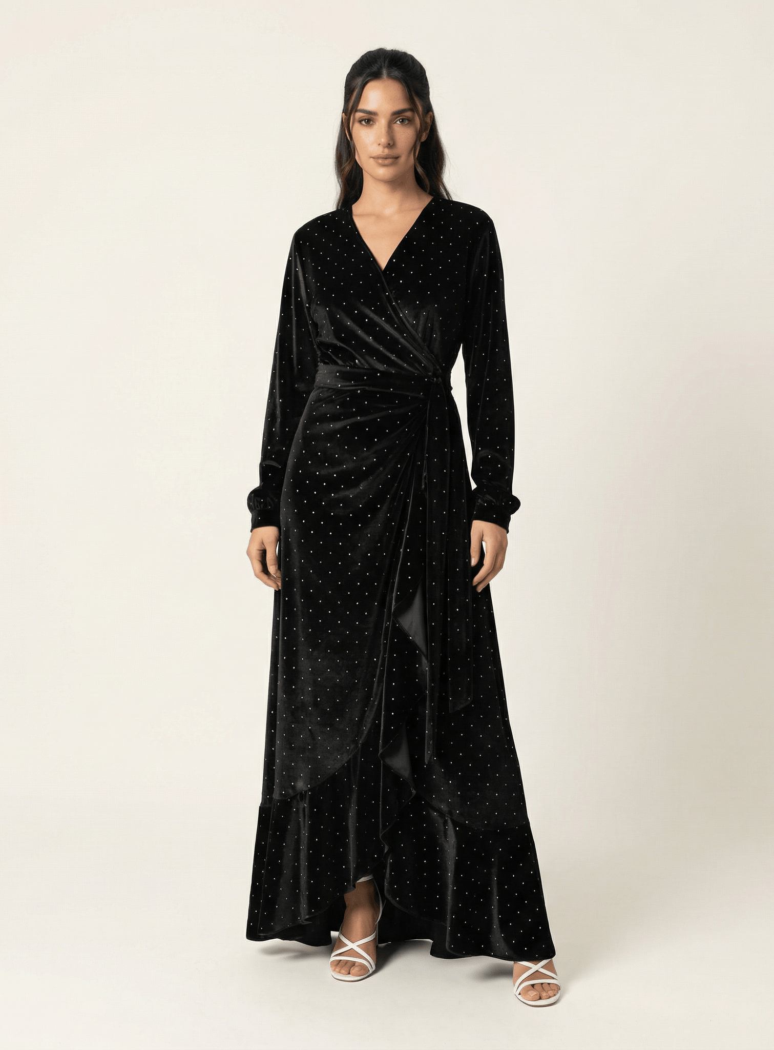 Black wrapped velvet modest maxi dress Kabayare