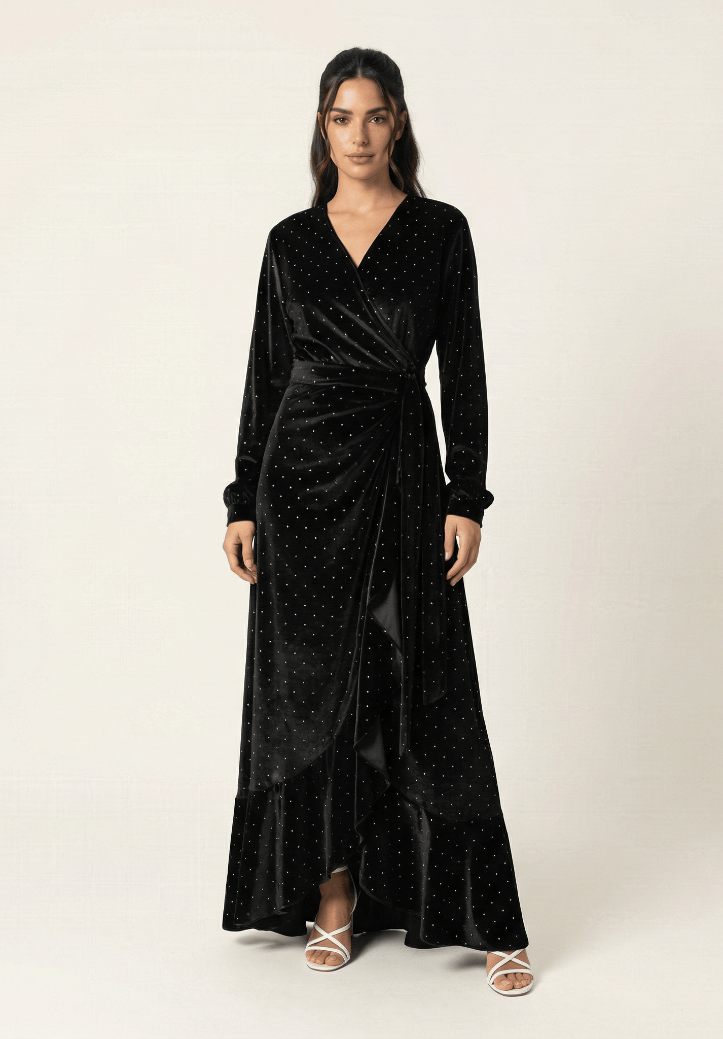 Black wrapped velvet modest maxi dress Kabayare