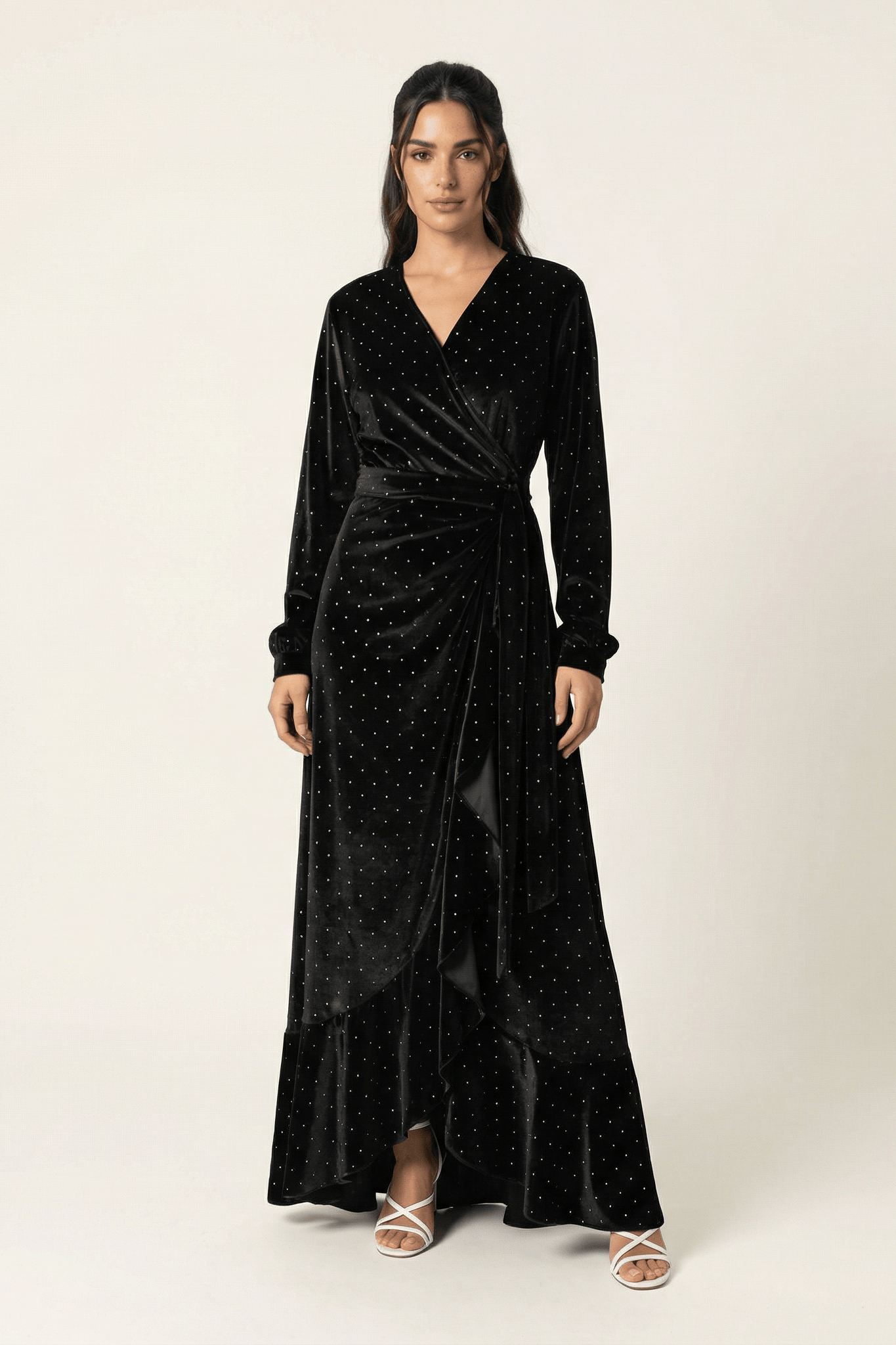Black wrapped velvet modest maxi dress Kabayare
