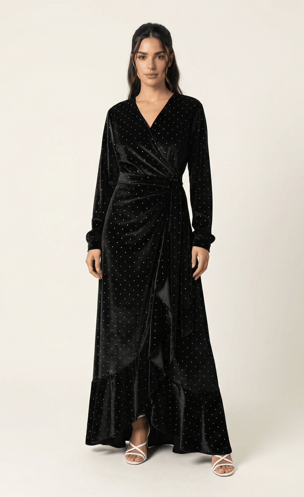 Black wrapped velvet modest maxi dress Kabayare