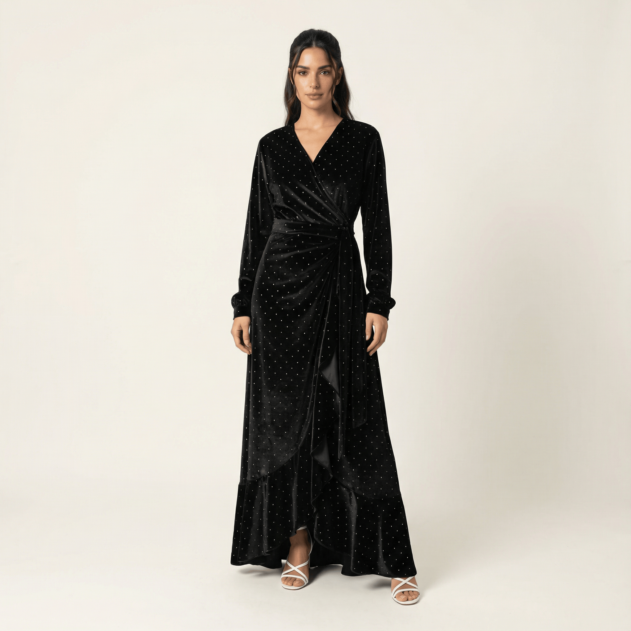 Black wrapped velvet modest maxi dress Kabayare