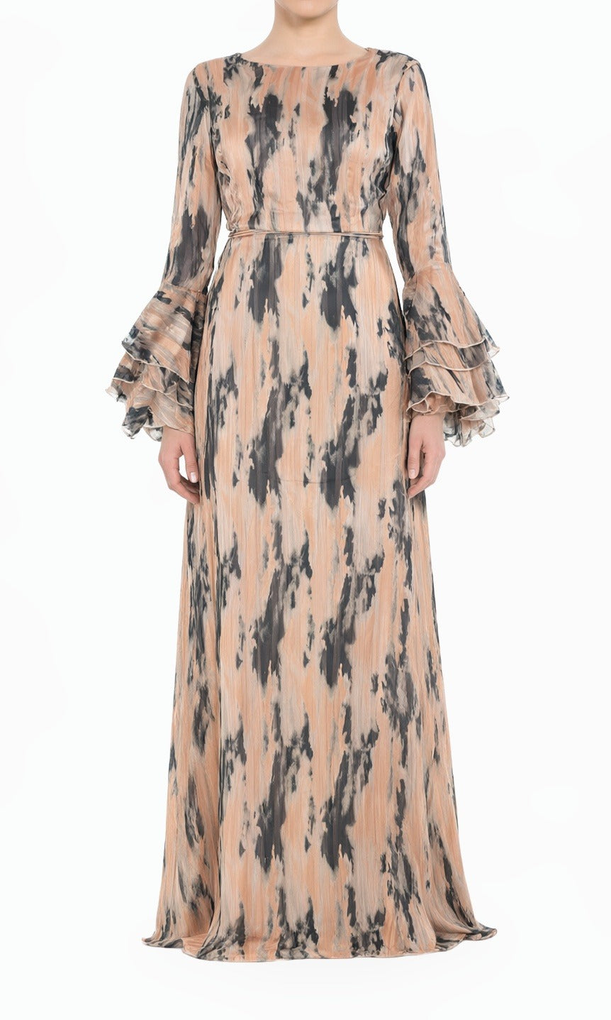 Blush Brushstroke Verona Bell Sleeve Modest Maxi Dress Kabayare