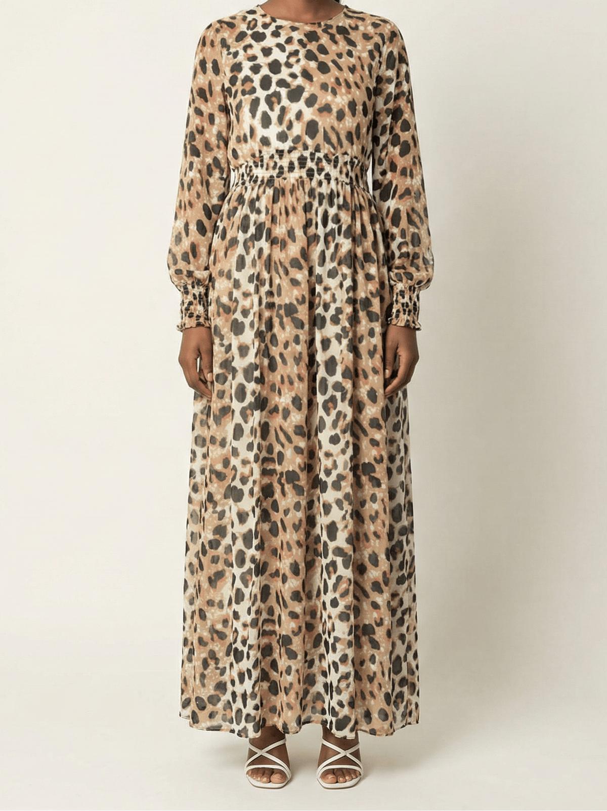 Blush scrunched leopard print maxi modest dress Kabayare