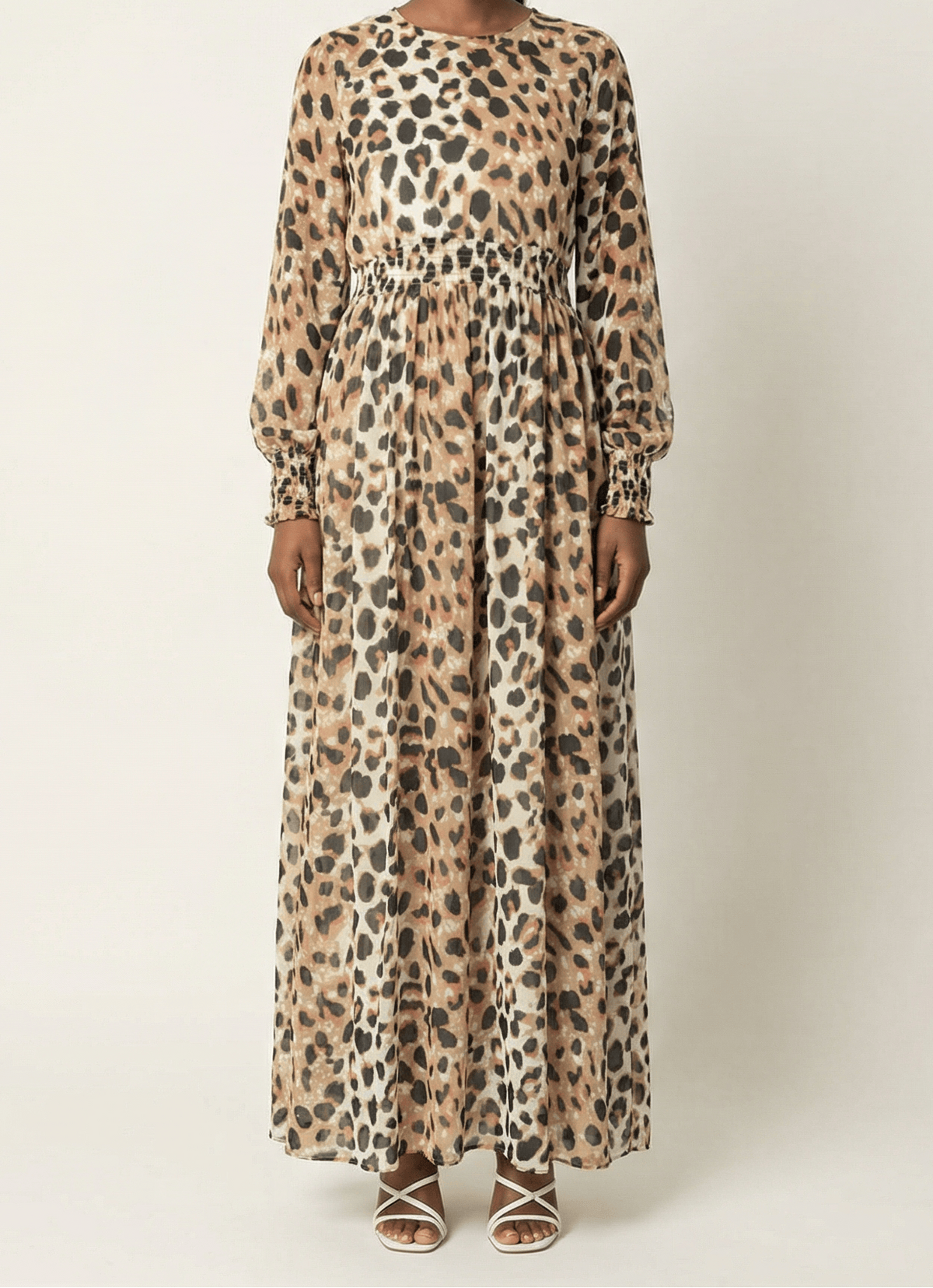 Blush scrunched leopard print maxi modest dress Kabayare