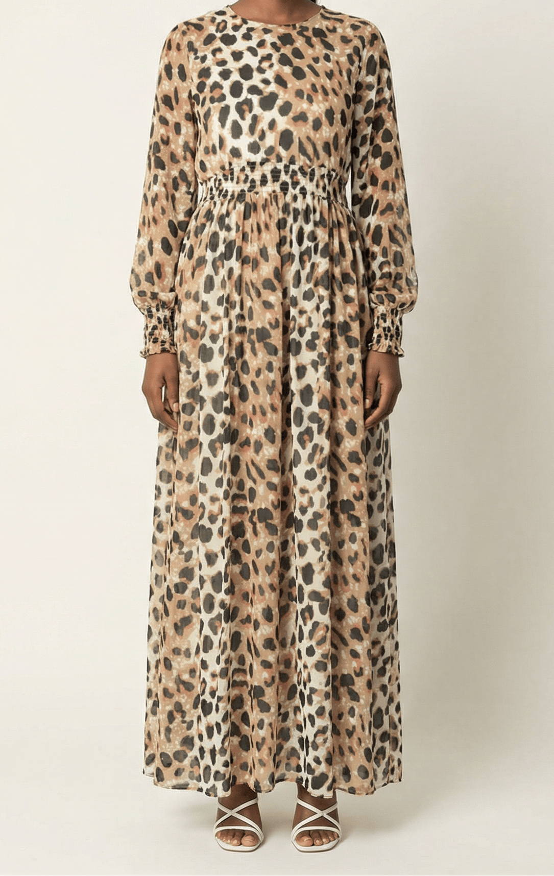Blush scrunched leopard print maxi modest dress Kabayare