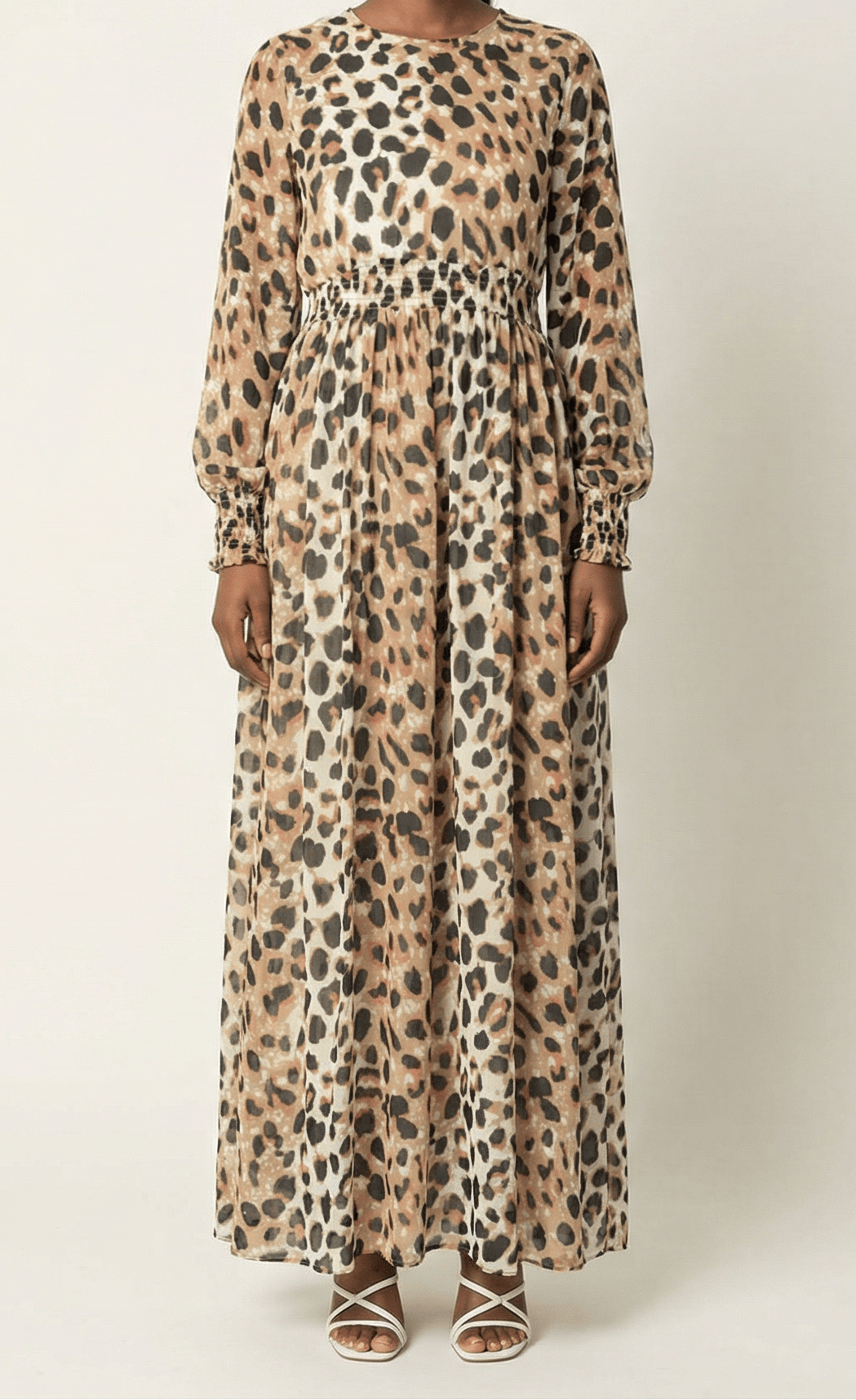 Blush scrunched leopard print maxi modest dress Kabayare