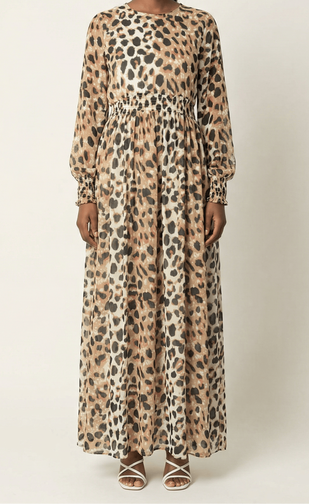Blush scrunched leopard print maxi modest dress Kabayare