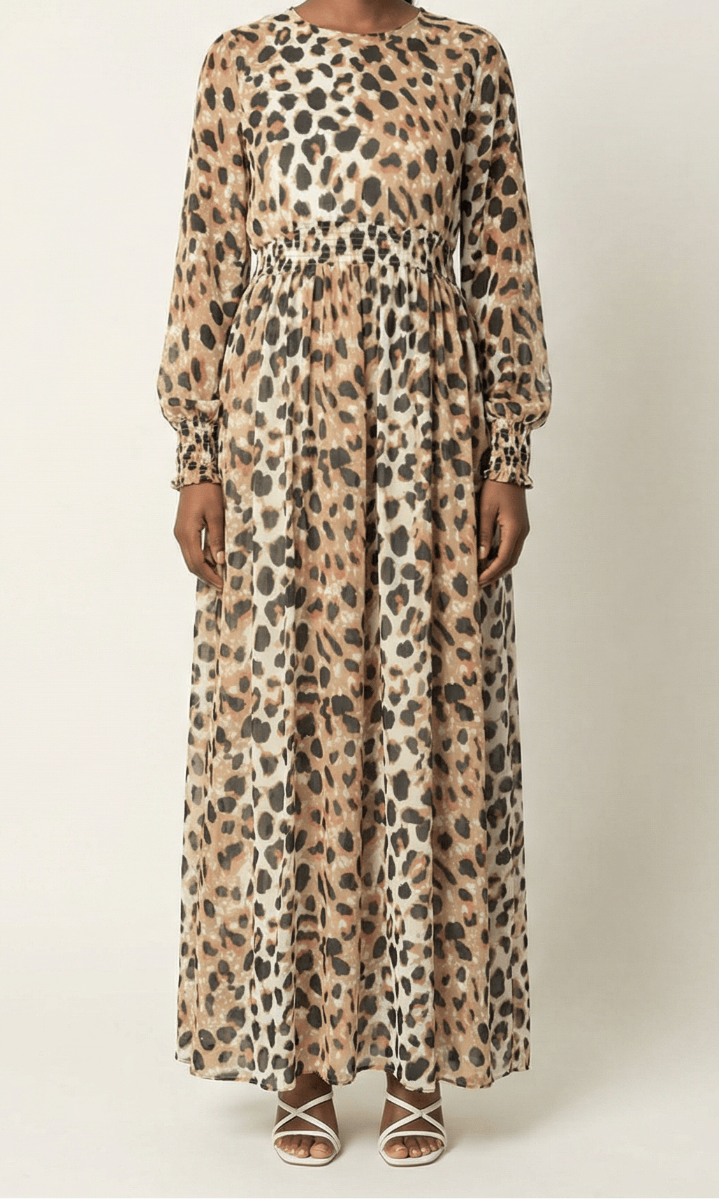 Blush scrunched leopard print maxi modest dress Kabayare