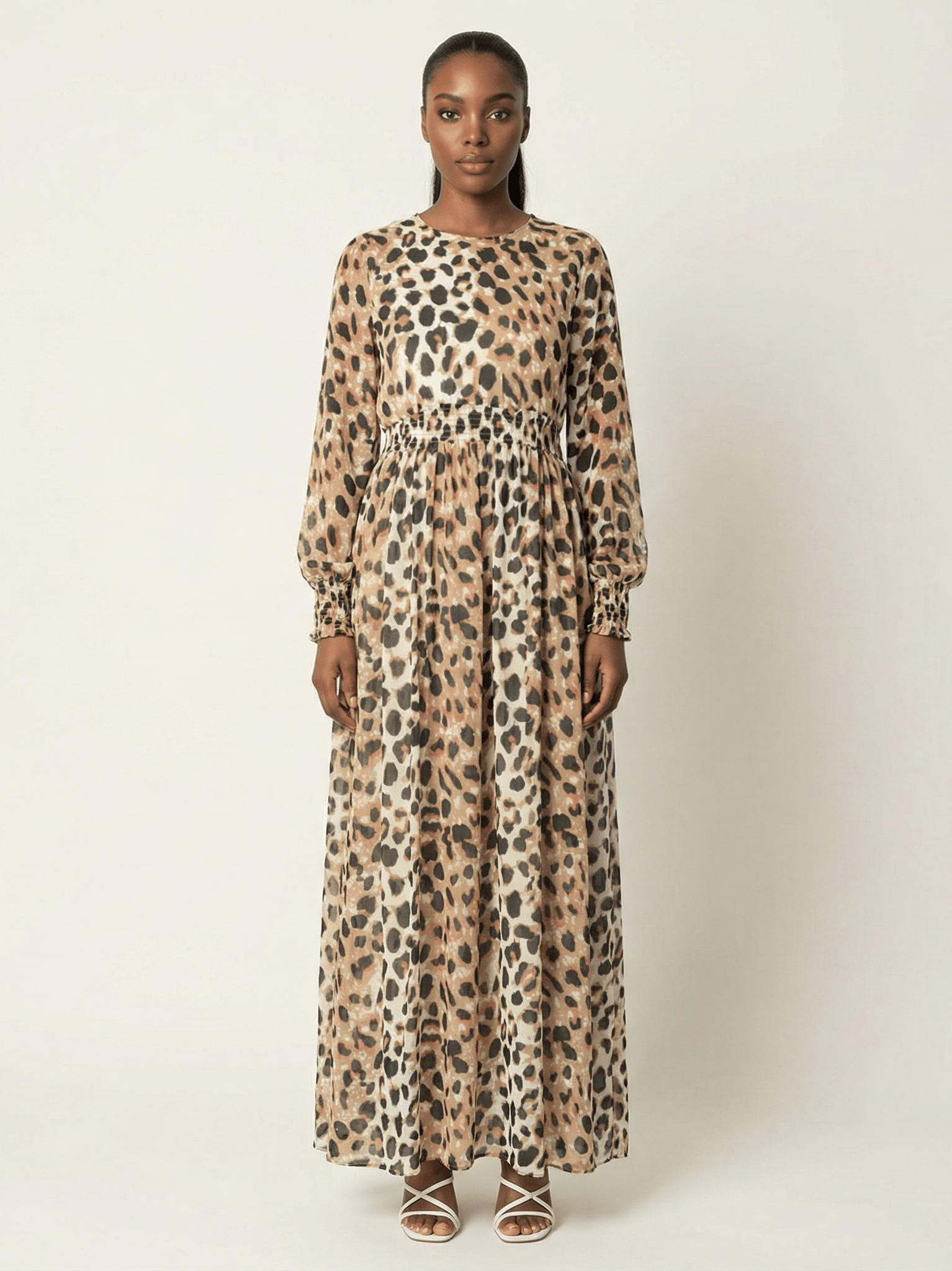 Blush scrunched leopard print maxi modest dress Kabayare