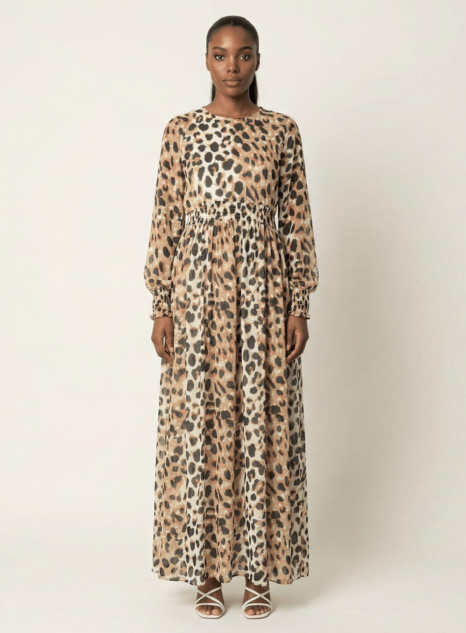 Blush scrunched leopard print maxi modest dress Kabayare