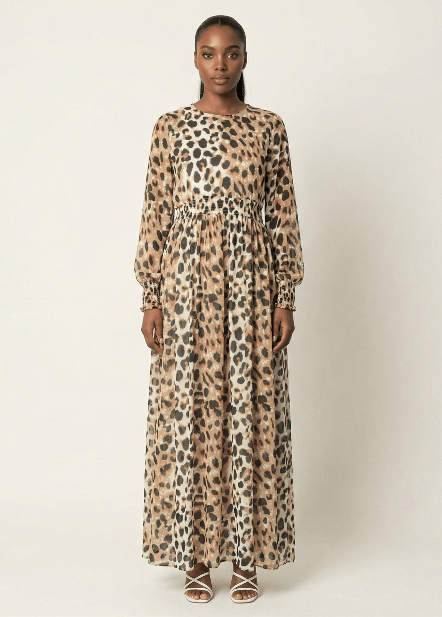 Blush scrunched leopard print maxi modest dress Kabayare