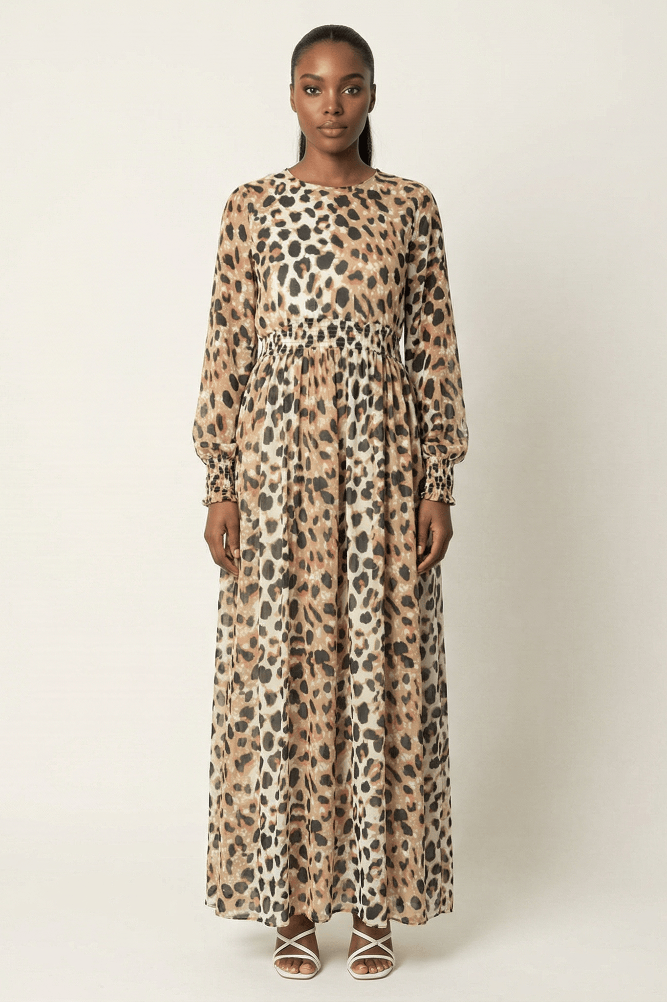 Blush scrunched leopard print maxi modest dress Kabayare