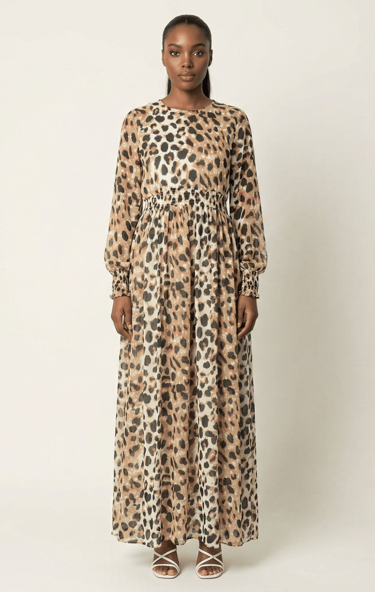 Blush scrunched leopard print maxi modest dress Kabayare