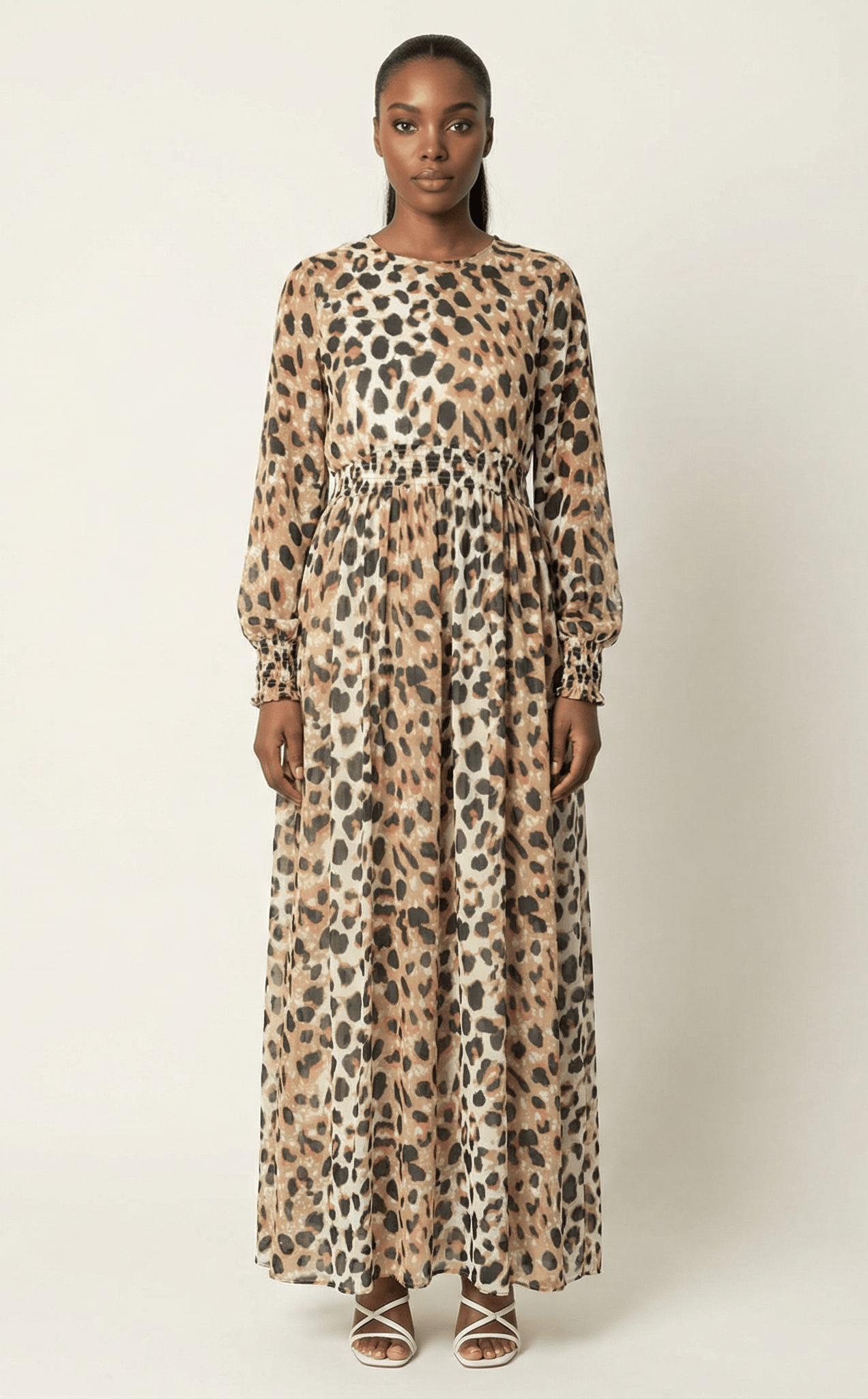 Blush scrunched leopard print maxi modest dress Kabayare