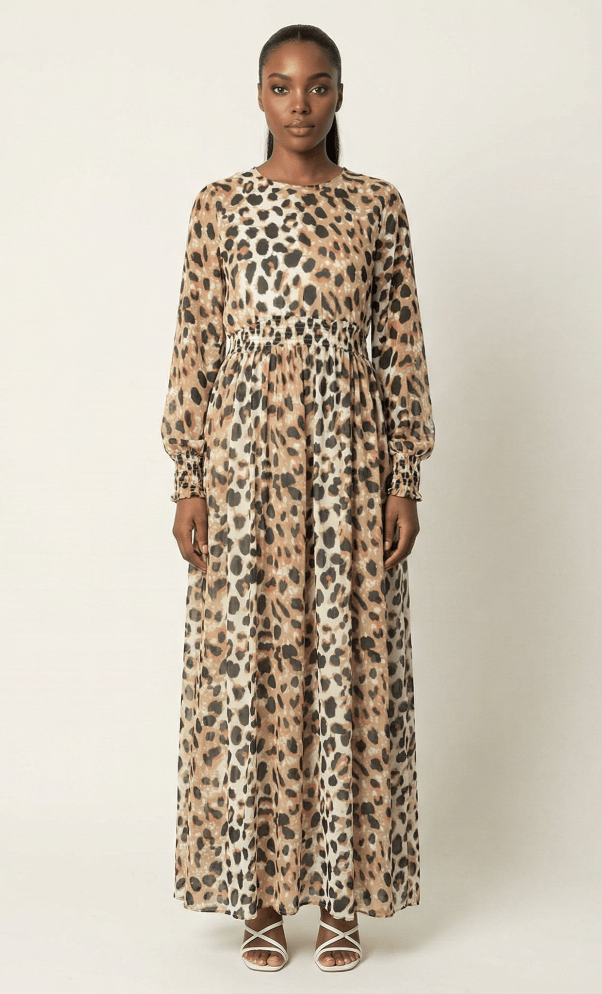 Blush scrunched leopard print maxi modest dress Kabayare