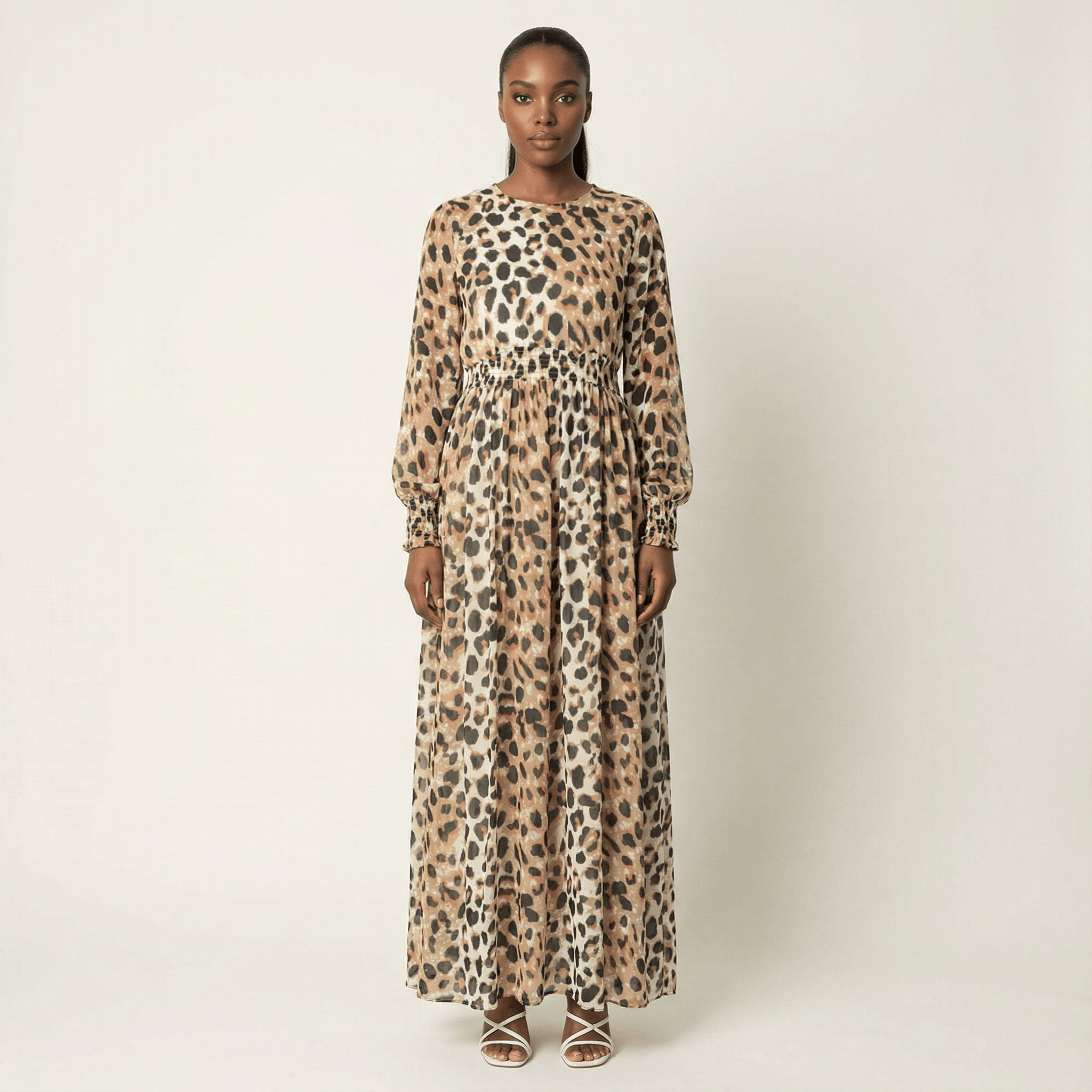Blush scrunched leopard print maxi modest dress Kabayare