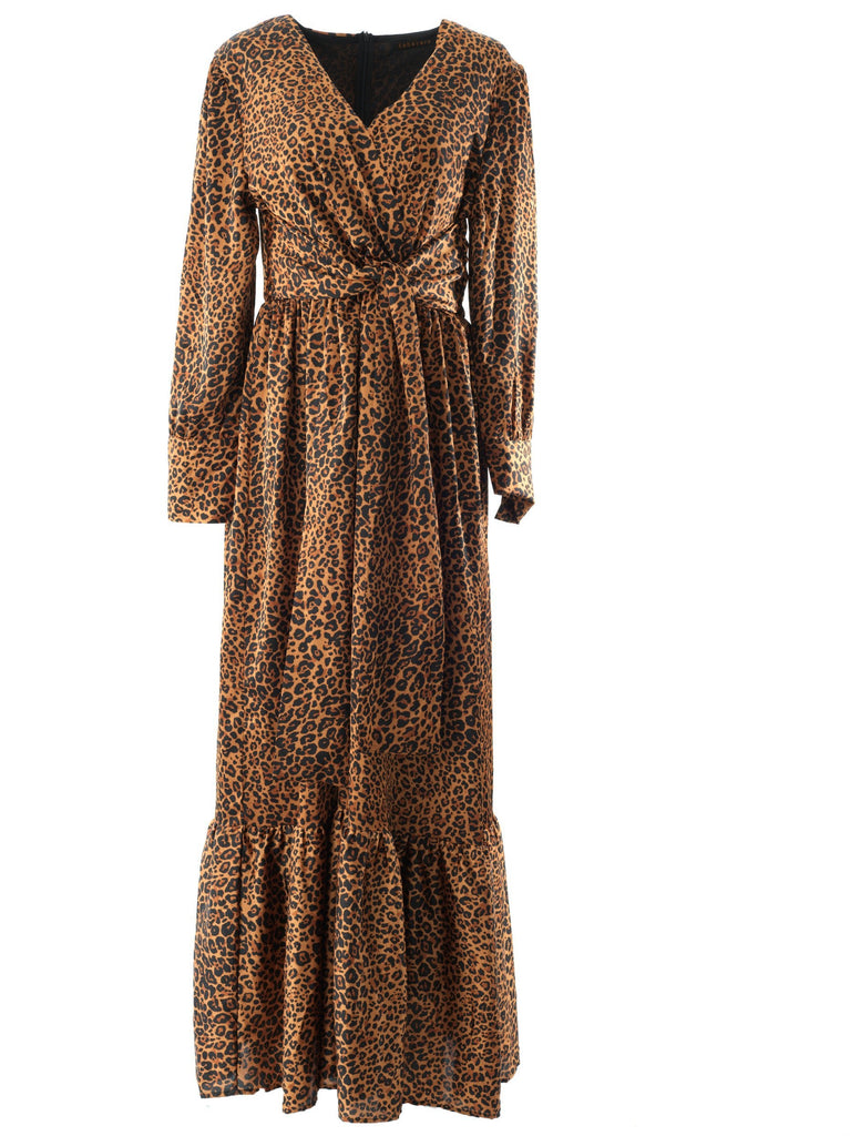 Brown cheetah print satin maxi modest dress Kabayare