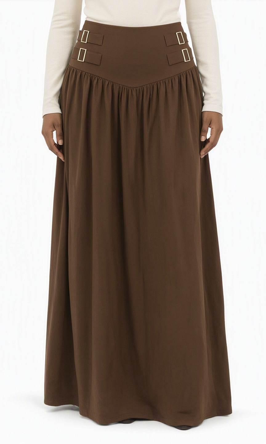 Brown Equestrian buckle waist modest maxi skirt Kabayare