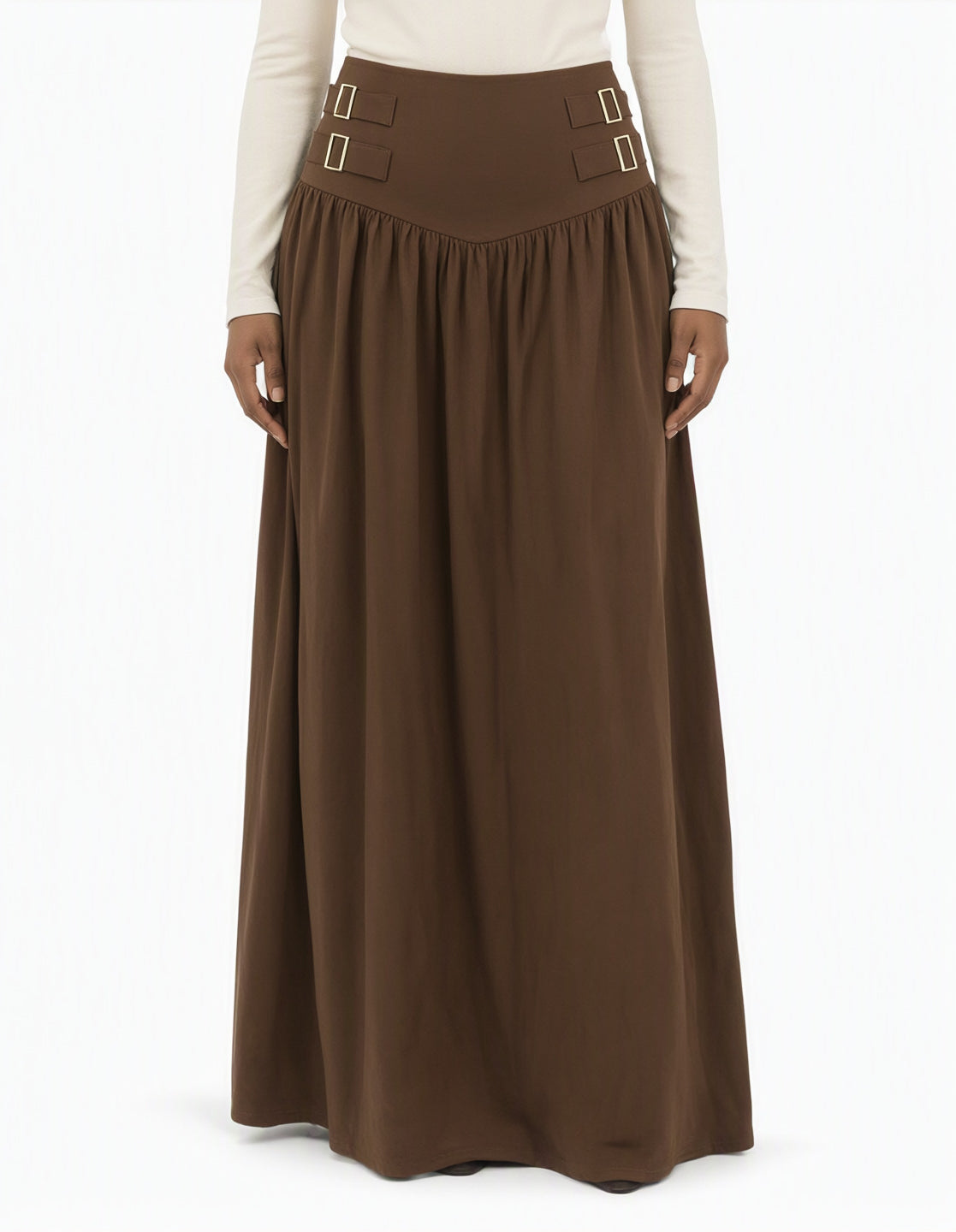 Brown Equestrian buckle waist modest maxi skirt Kabayare