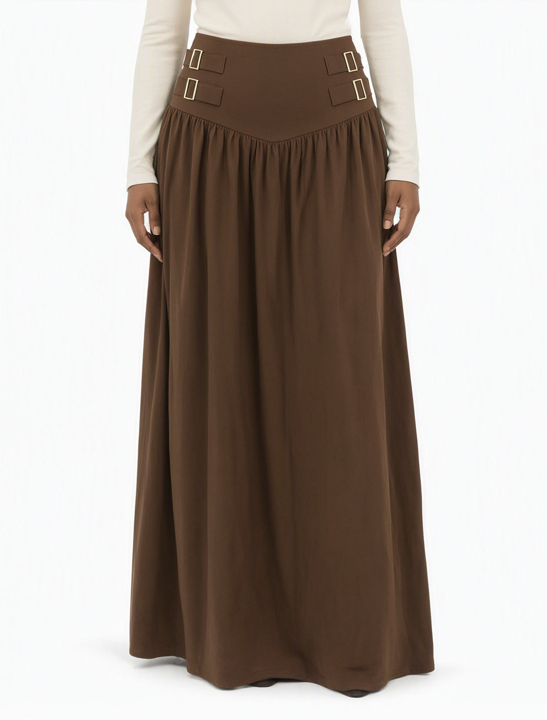 Brown Equestrian buckle waist modest maxi skirt Kabayare