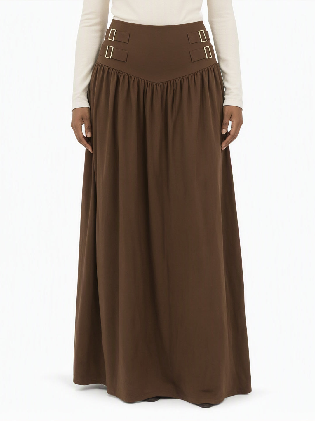 Brown Equestrian buckle waist modest maxi skirt Kabayare