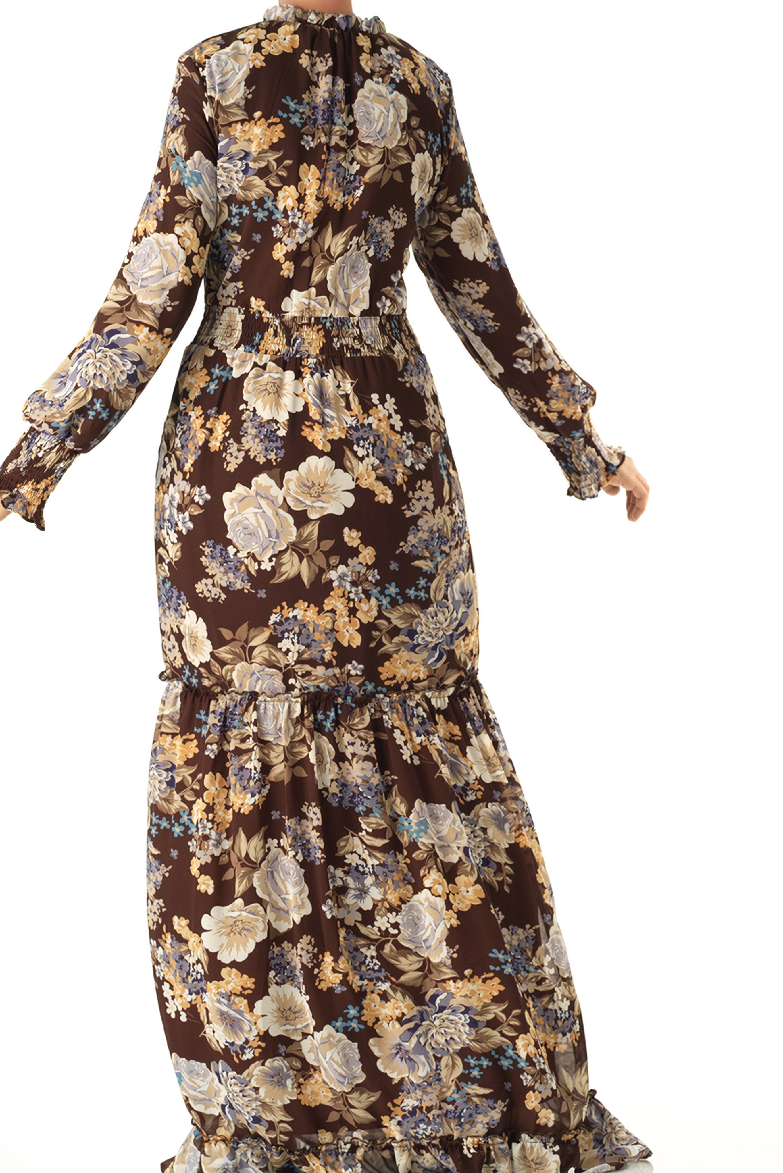 Brown floral smocked long sleeve maxi dress Kabayare