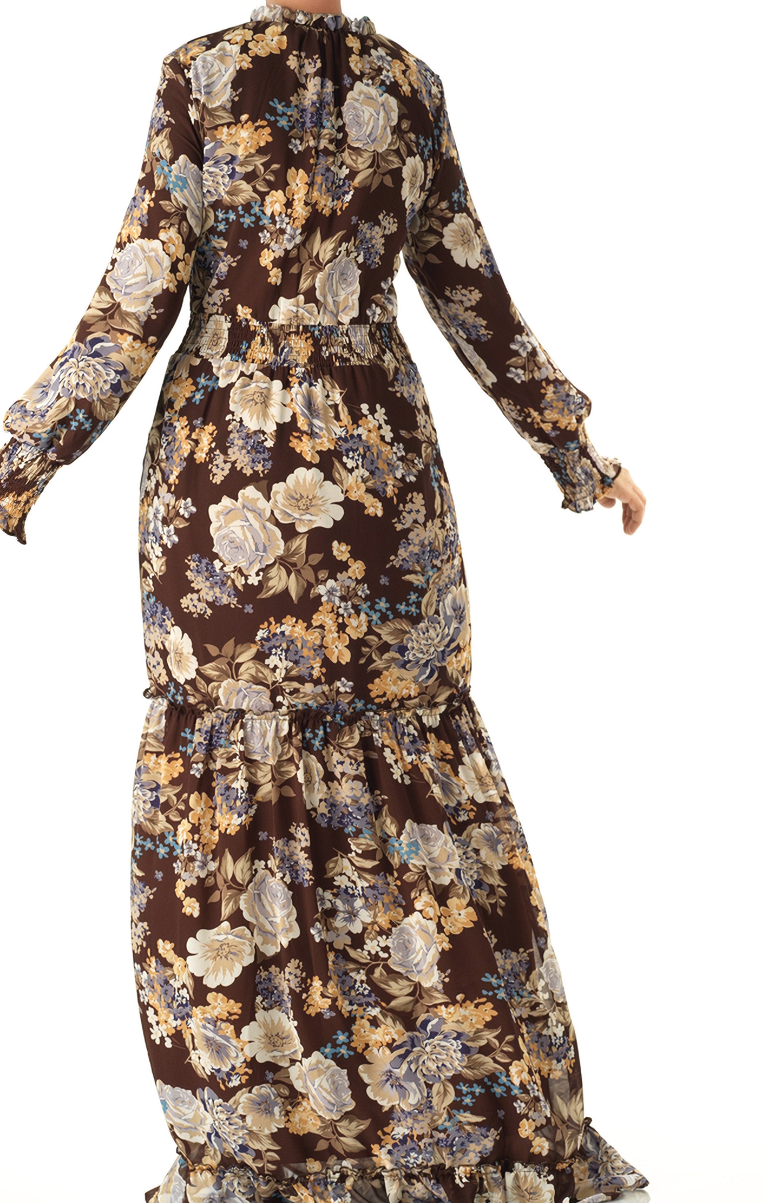 Brown floral smocked long sleeve maxi dress Kabayare