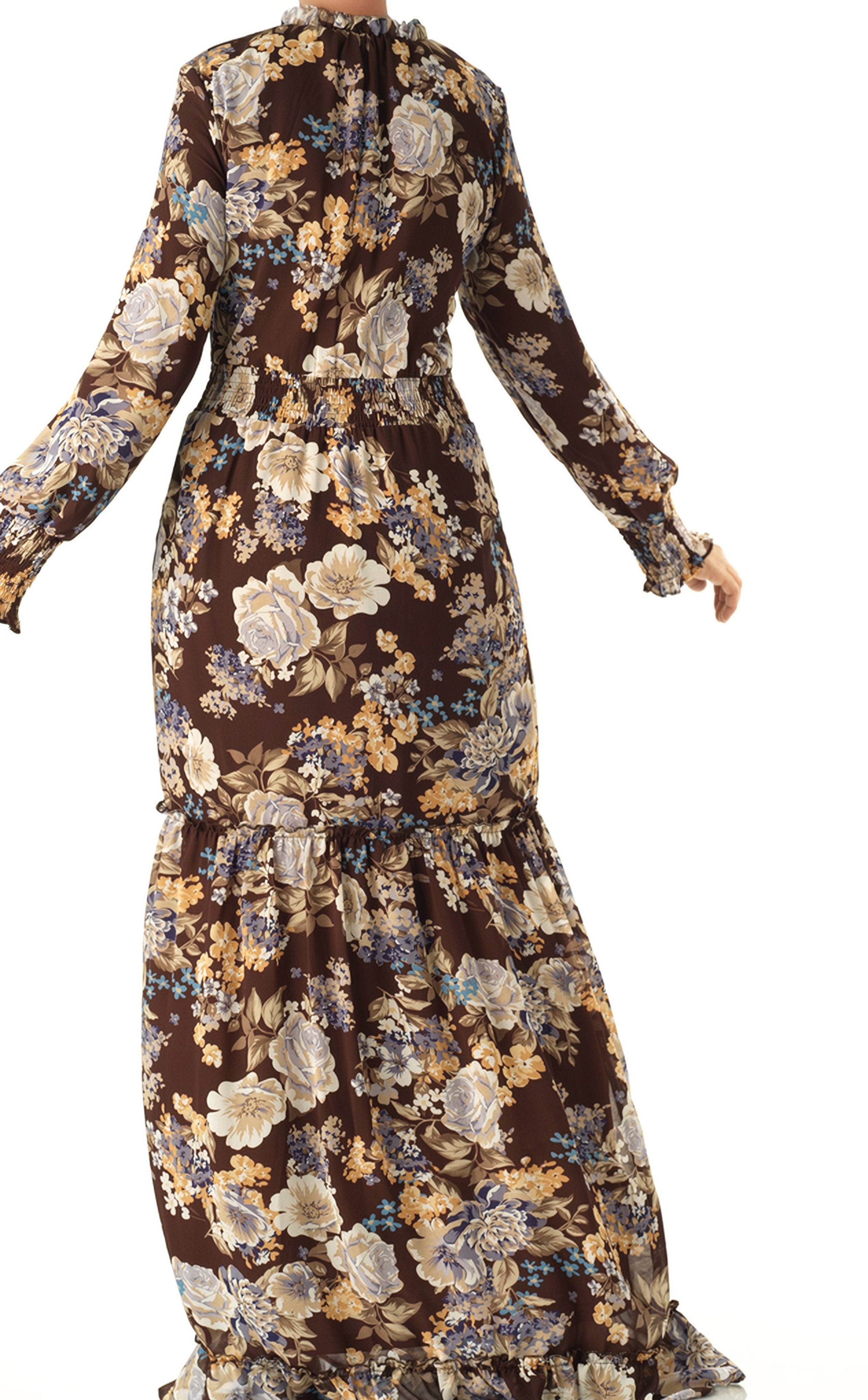 Brown floral smocked long sleeve maxi dress Kabayare