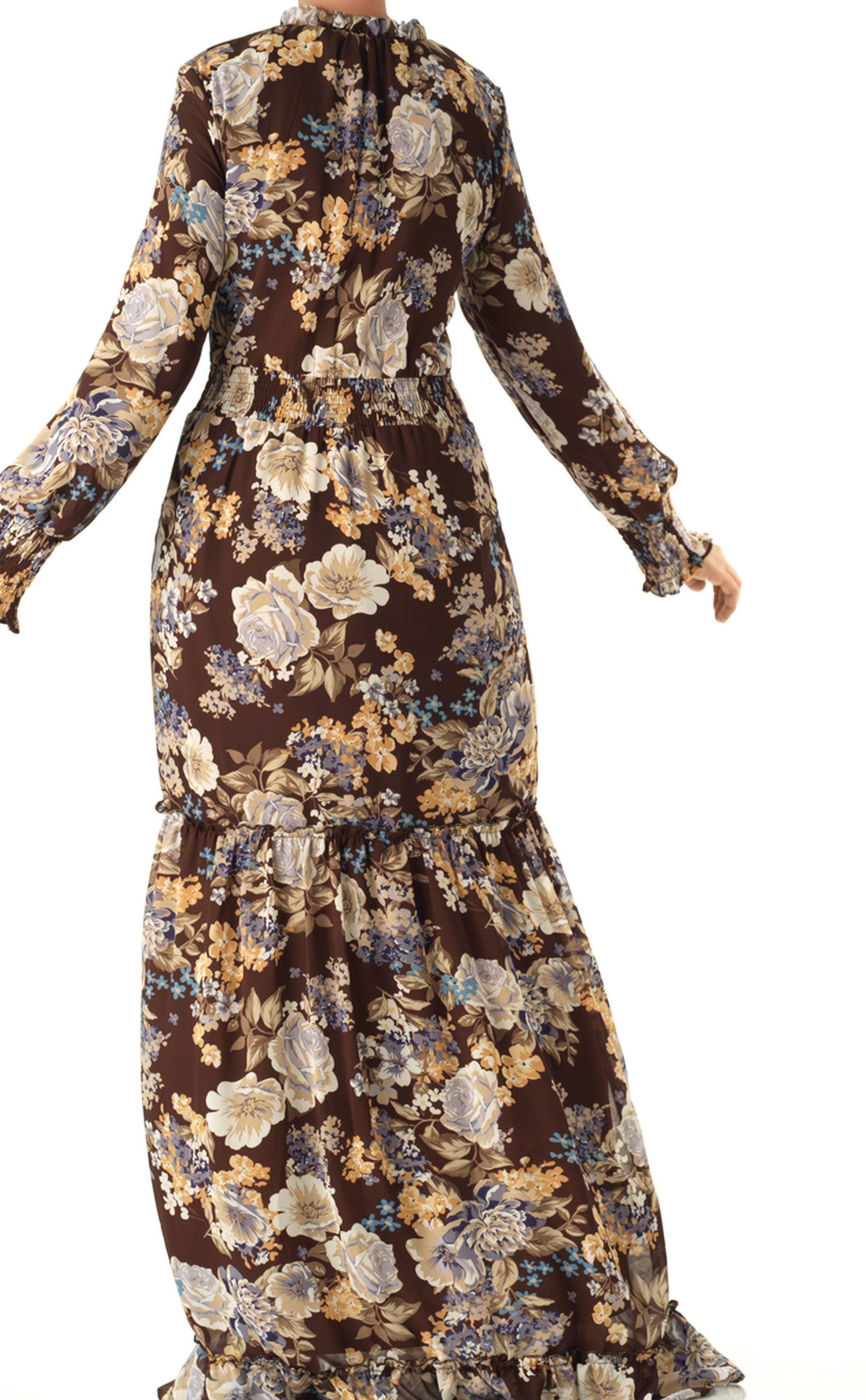 Brown floral smocked long sleeve maxi dress Kabayare