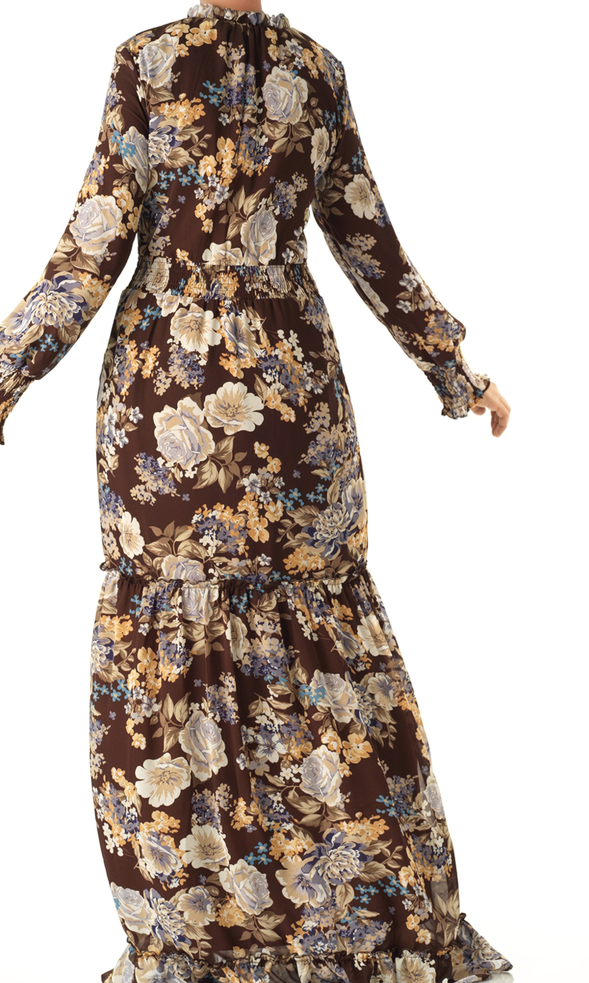 Brown floral smocked long sleeve maxi dress Kabayare