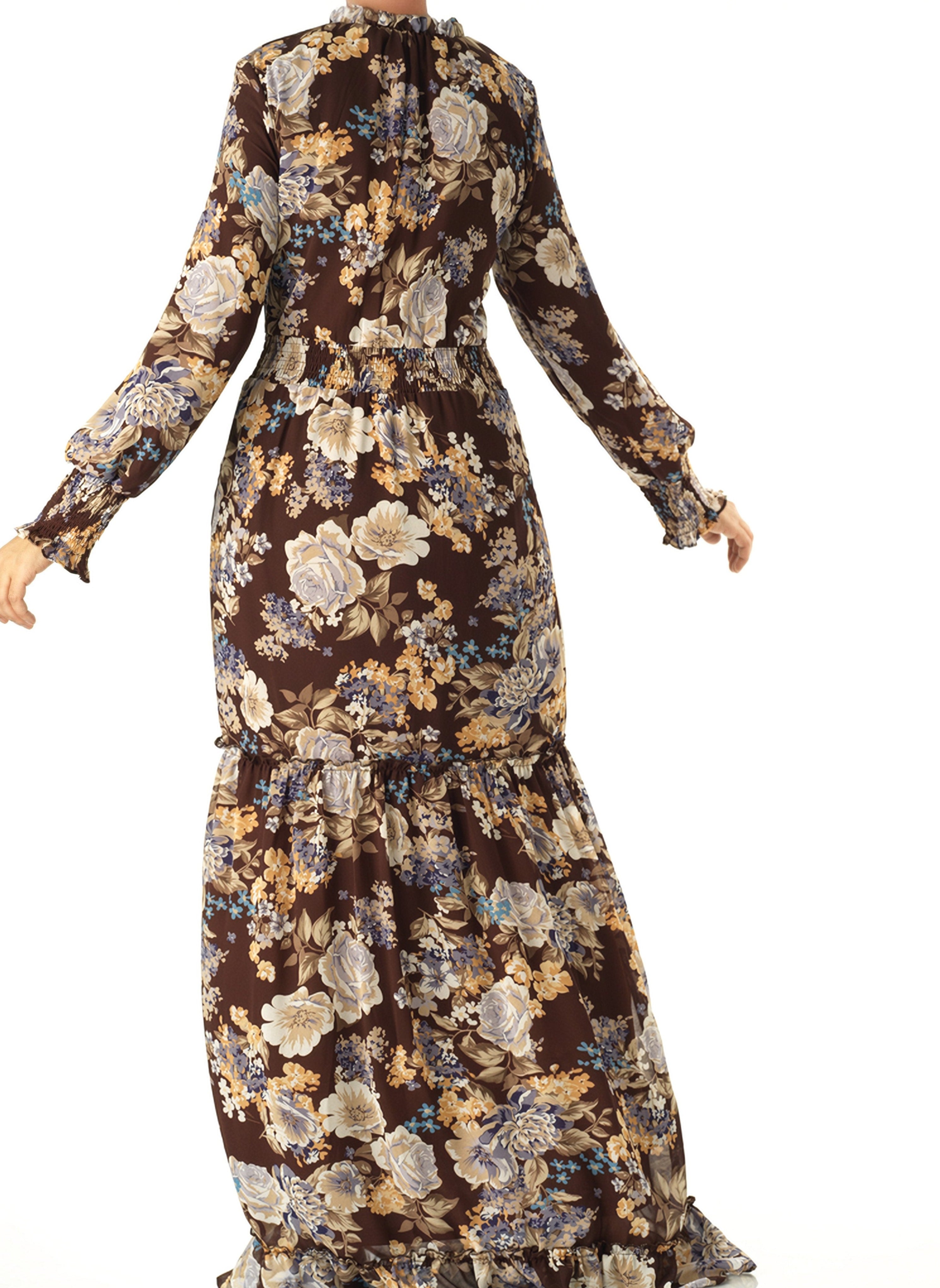Brown floral smocked long sleeve maxi dress Kabayare