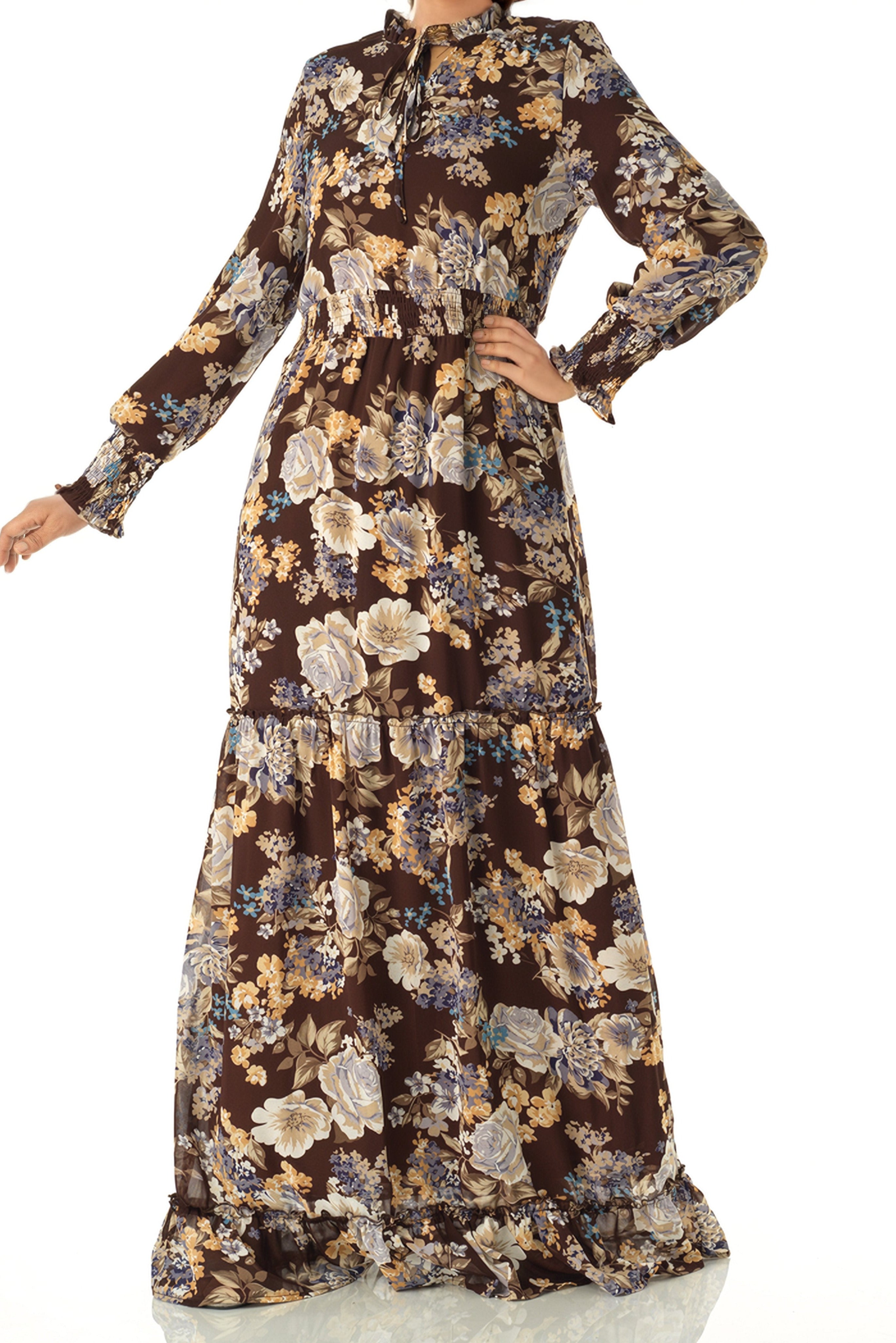 Brown floral smocked long sleeve maxi dress Kabayare