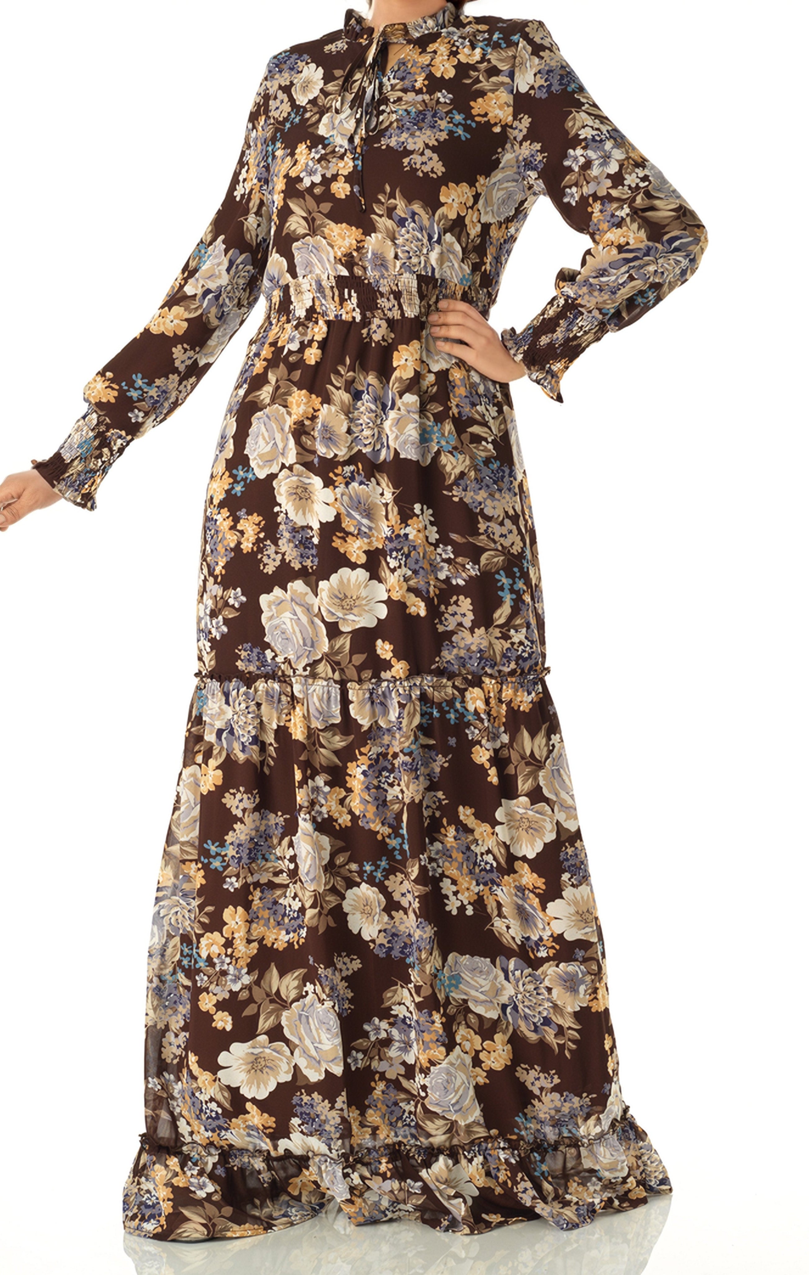 Brown floral smocked long sleeve maxi dress Kabayare
